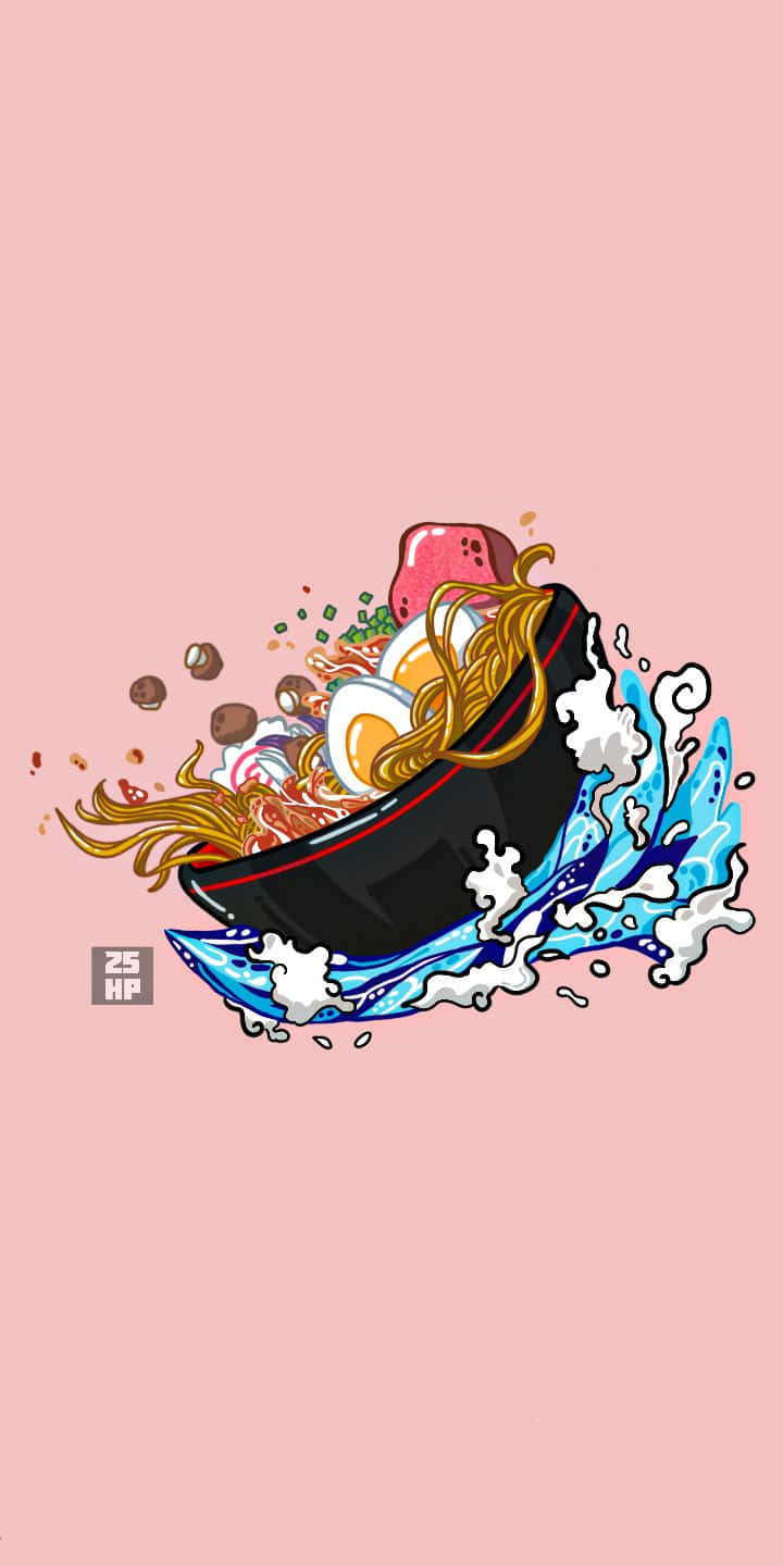 Noodles 桌布 壁紙 — 一個充滿活力的卡通拉麵碗，配有雞蛋和配料，在柔和的粉紅色背景上迸發出動態的藍色飛濺。