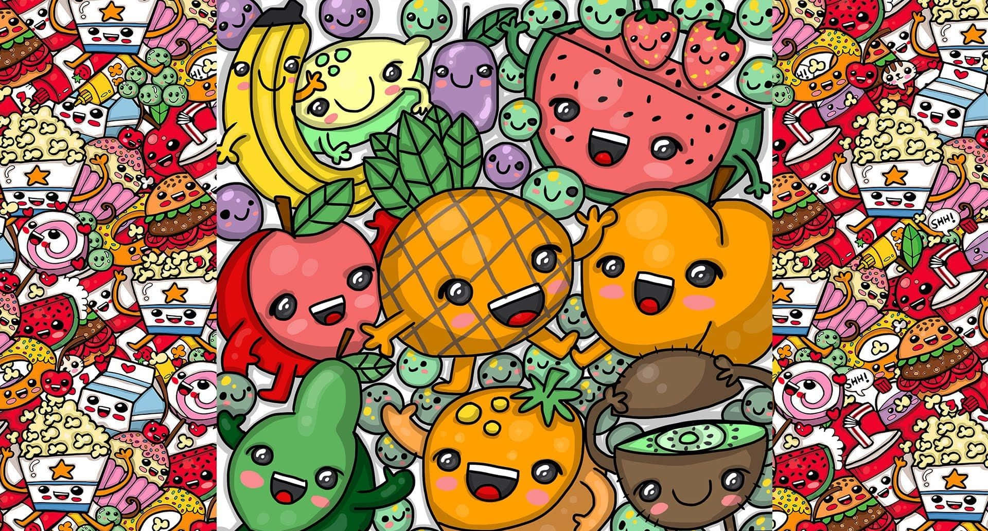 Kawaii Fruit 桌布 壁紙 — 一個充滿活力的卡通拼貼畫，描繪了微笑的水果、蔬菜和小吃，它們有大眼睛和愉快表情。