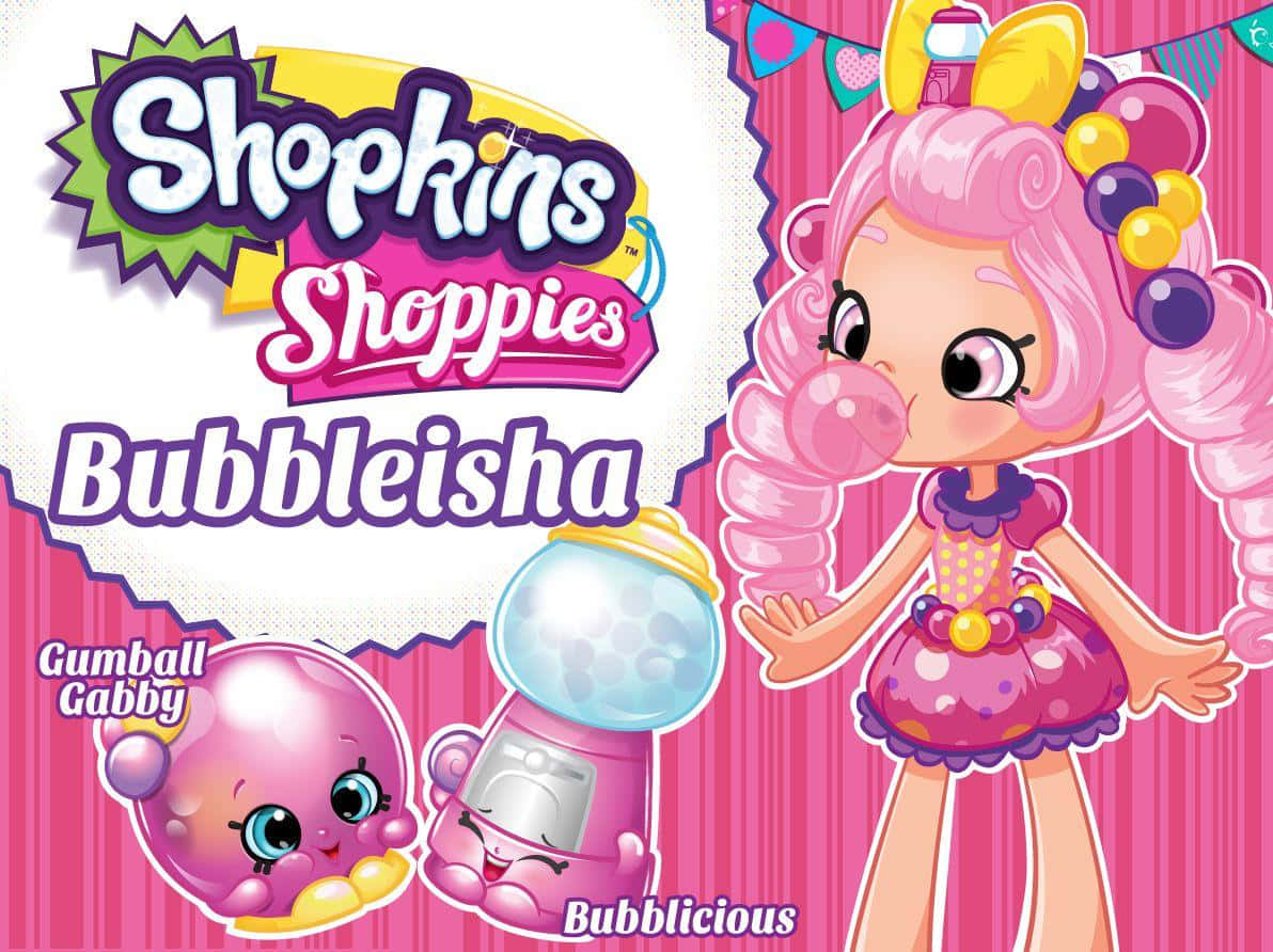 Shopkins 桌布 壁紙 — 一個充滿活力的卡通插圖，描繪Shopkins角色Bubbleisha吹泡泡，擁有粉紅色捲髮和泡泡主題配飾。