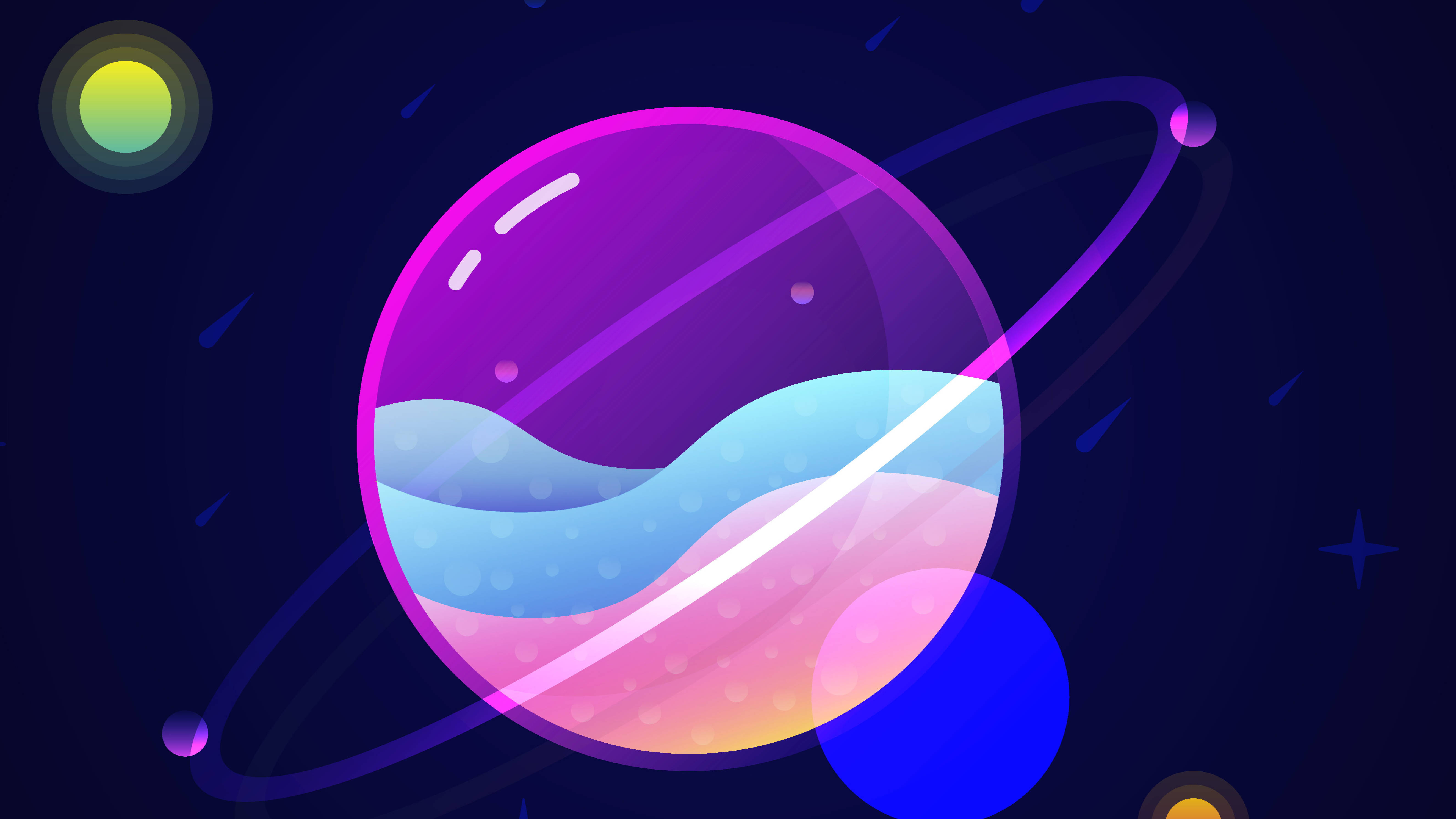 土星 桌布 壁紙 — 一個充滿活力的卡通星球，擁有漩渦狀的粉彩海洋和發光的光環，漂浮在繁星點點的宇宙虛空中。
