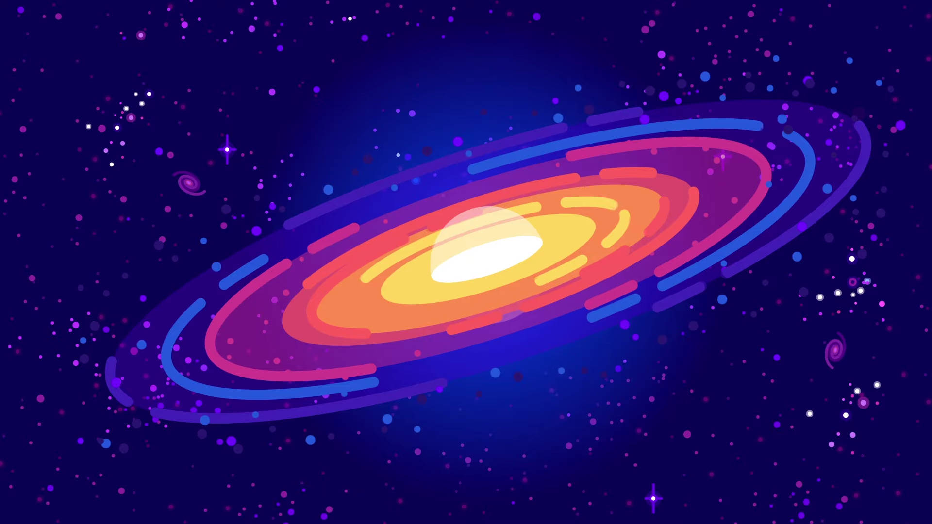 宇宙 桌布 壁紙 — 一個充滿活力的卡通星系，帶有發光的橙色和紫色環，在繁星點點的深藍色宇宙背景下旋轉。
