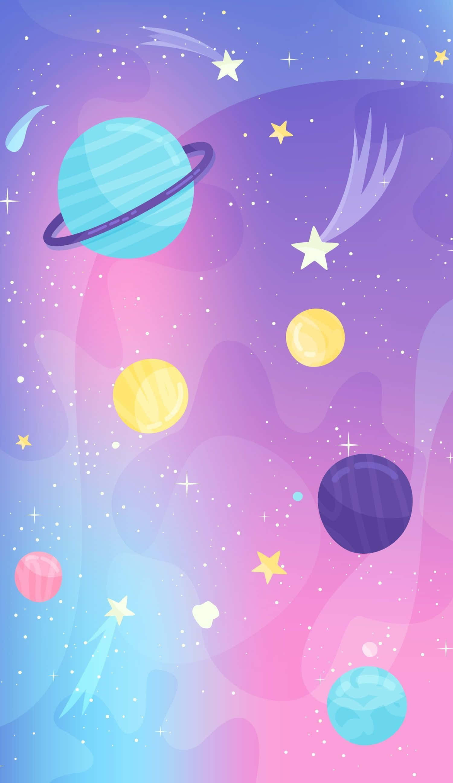 Kawaii Space 桌布 壁紙 — 一個充滿活力的卡通星系，有粉彩行星、星星和流星漂浮在夢幻的漸變天空中。