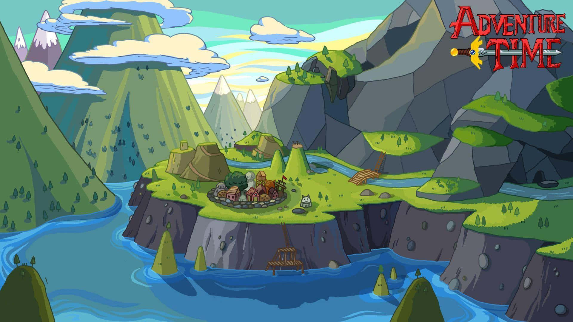Animated Tv Series 桌布 壁紙 — 一個充滿活力的卡通村莊坐落在懸崖島上，周圍是藍色的海水和 towering 的綠色山脈，在明亮的天空下。