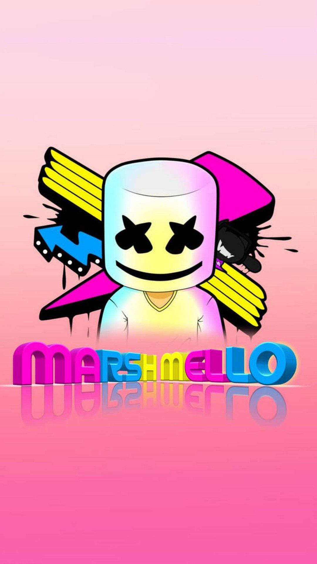 marshmello iPhone 桌布 壁紙 — 一個充滿活力的卡通棉花糖角色，有X形眼睛和彩色翅膀，背景是粉紅色漸層。