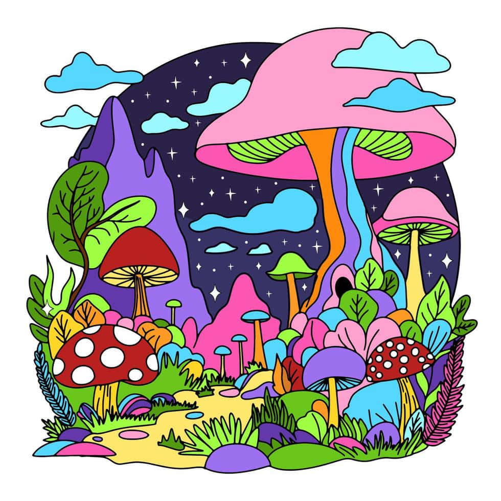 Trippy Mushroom 桌布 壁紙 — 一個充滿活力的卡通森林，有巨大的彩色蘑菇，在繁星點點的夜空下，浮雲飄逸。