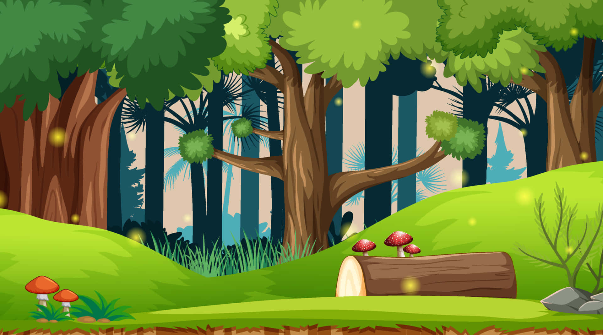 Cartoon Forest 桌布 壁紙 — 一個充滿活力的卡通森林，螢火蟲在鬱鬱蔥蔥的綠色山丘和倒下的圓木附近的紅帽蘑菇上方閃爍飛舞。