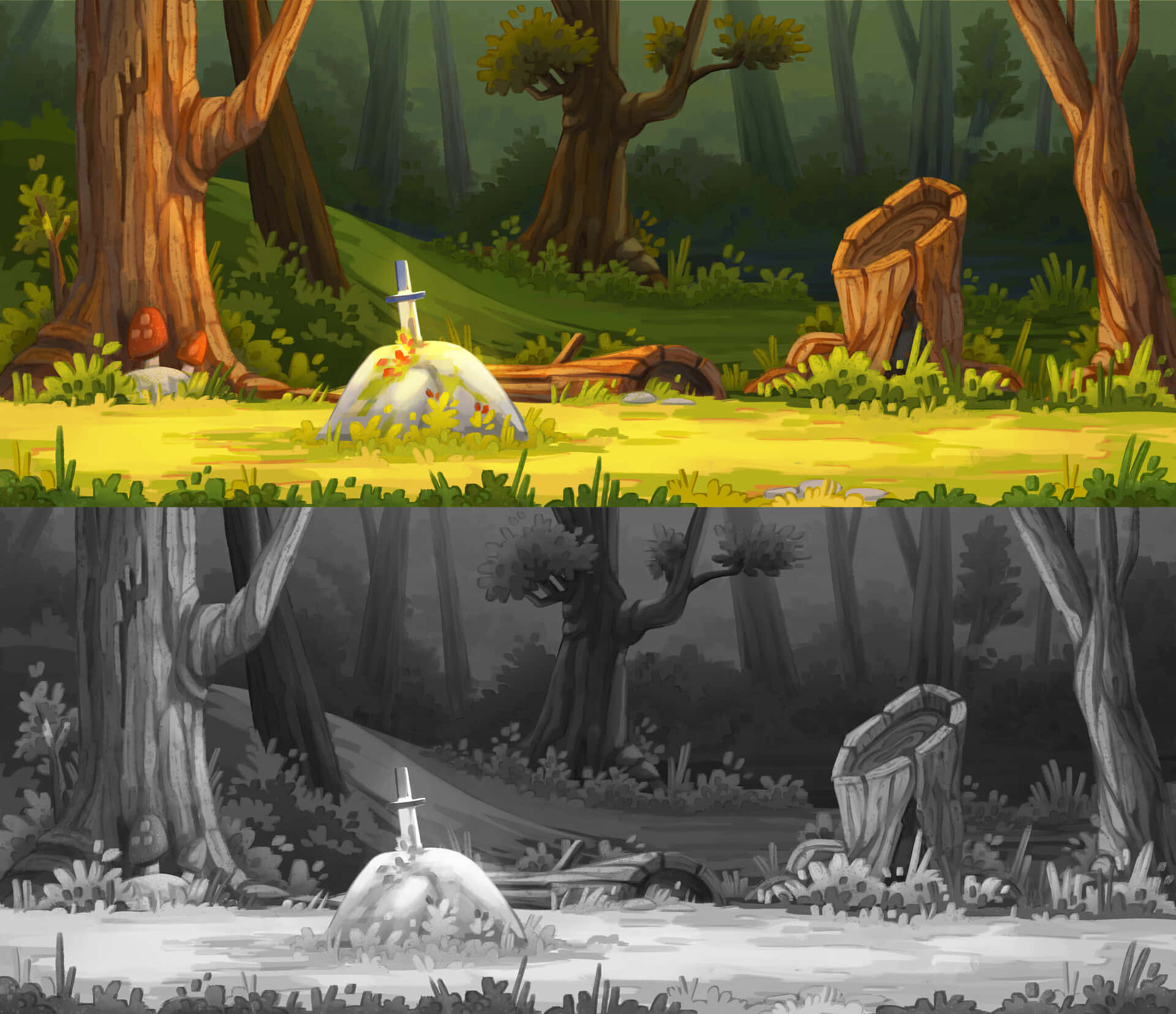 Cartoon Forest 桌布 壁紙 — 一個充滿活力的卡通森林場景，一把劍插在長滿青苔的石頭上，周圍環繞著樹木和蘑菇。