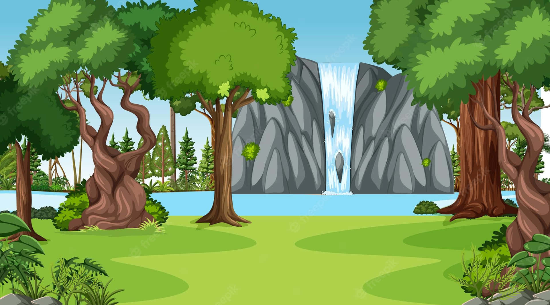 Animated Forest 桌布 壁紙 — 一個充滿活力的卡通森林場景，有蜿蜒的樹木和一個層疊的瀑布，流入晴朗天空下平靜的藍色水池。