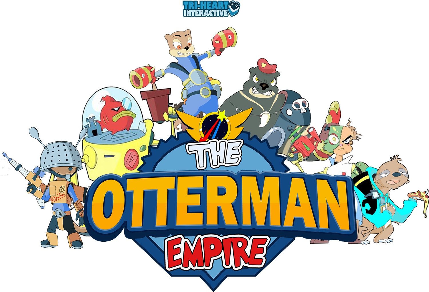 Interactive 桌布 壁紙 — 一個充滿活力的卡通標誌，圍繞著標題「The Otterman Empire」的一組擬人化動物角色，穿著科幻裝備。