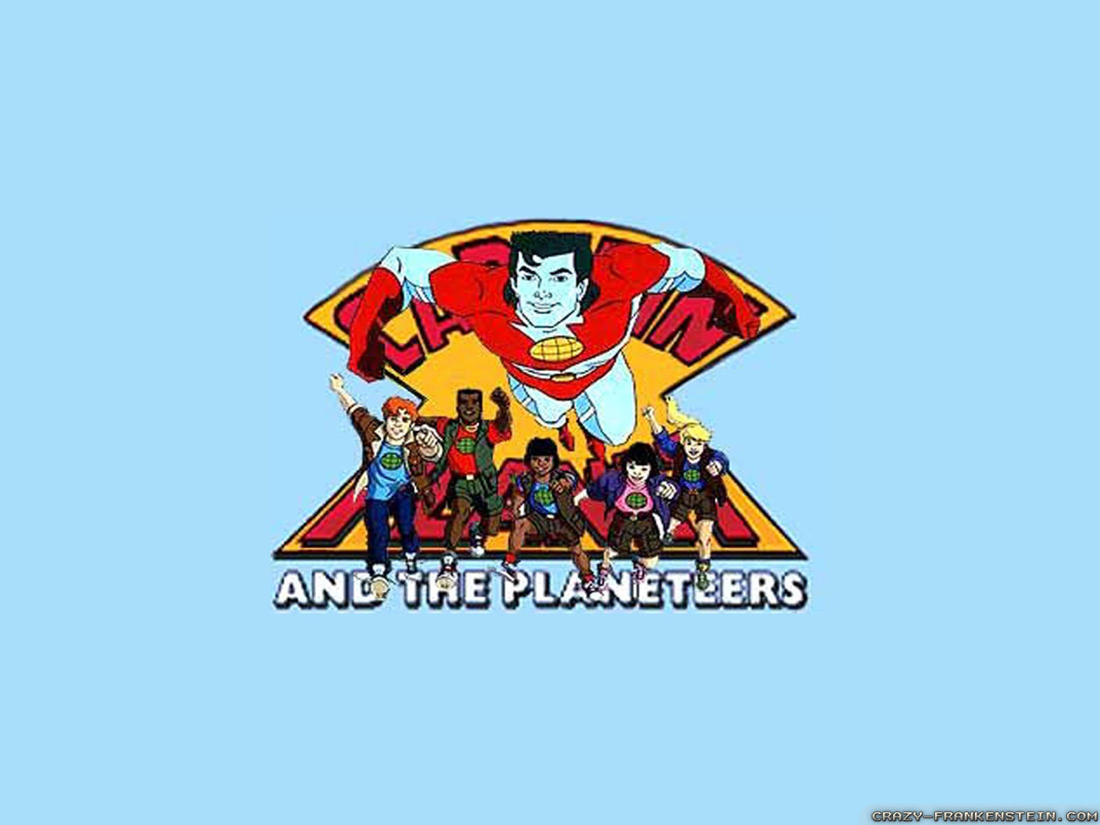 Captain Planet 桌布 壁紙 — 一個充滿活力的卡通標誌，描繪一位超級英雄飛翔在五位多元背景的青少年之上，背景為淺藍色。