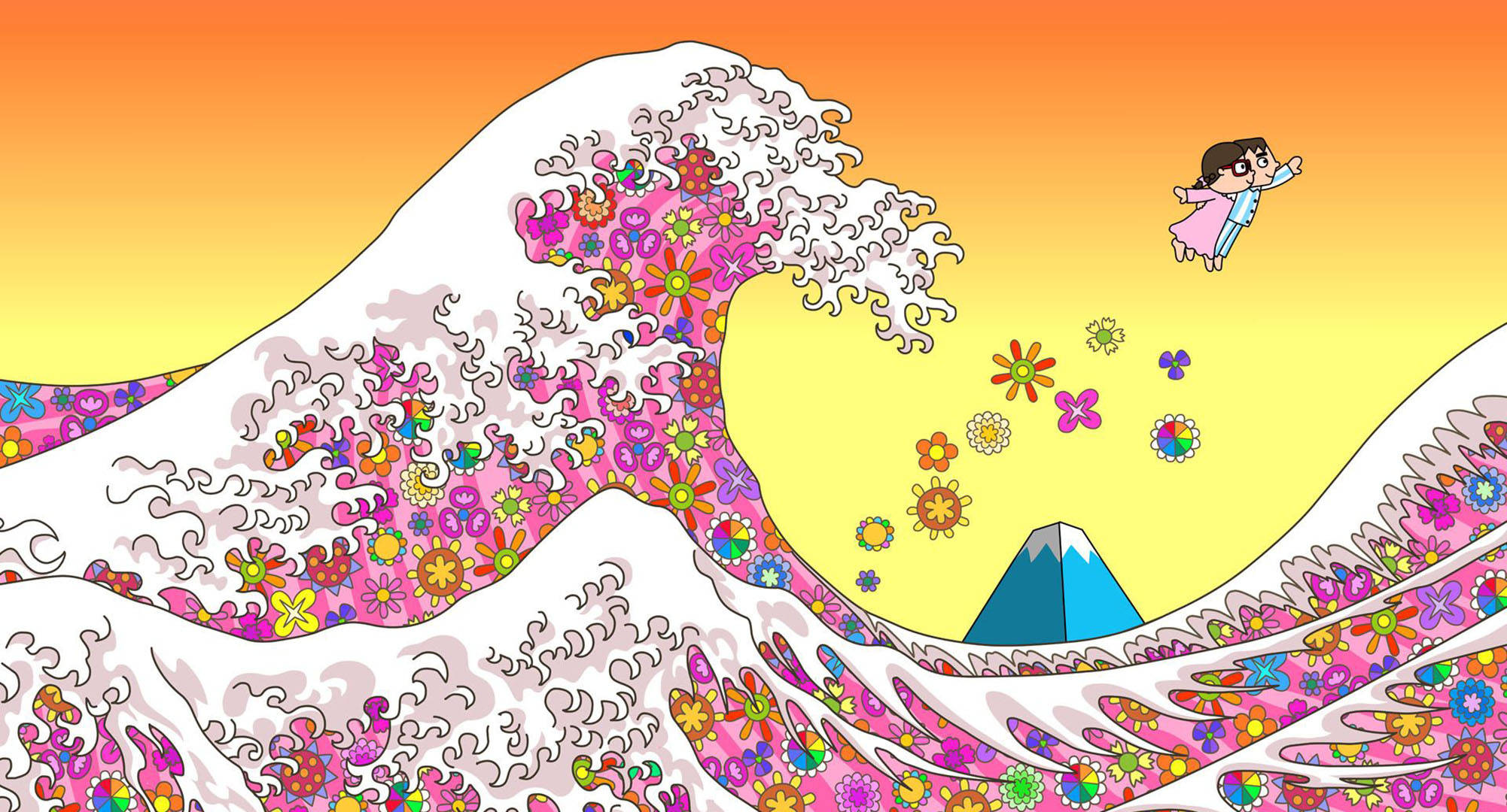 日式海浪 桌布 壁紙 — 一個充滿活力的卡通波浪，覆蓋著色彩繽紛的花朵，撞向一座山，一個女孩在上方飛翔。