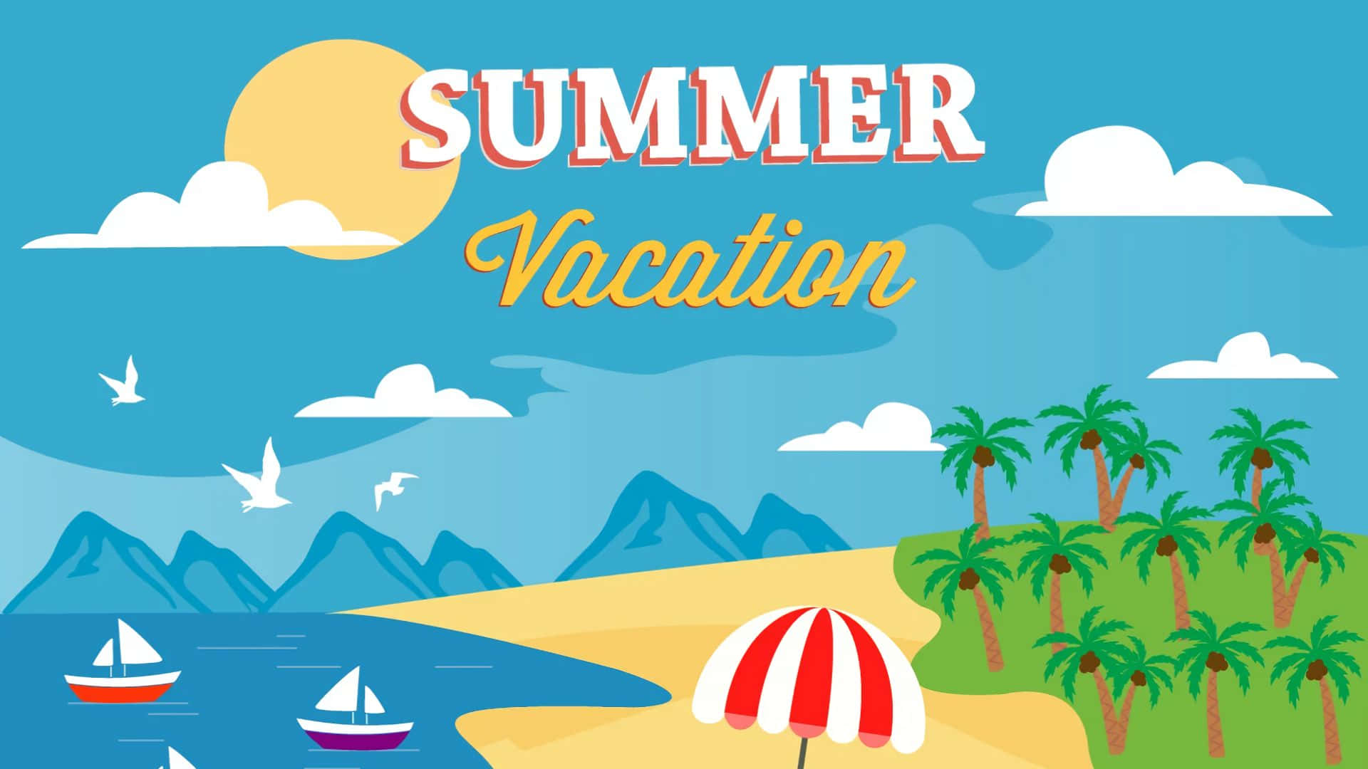 Holiday 桌布 壁紙 — 一個充滿活力的卡通海灘場景，有棕櫚樹、帆船和一把紅白條紋遮陽傘，在陽光明媚的藍天下。