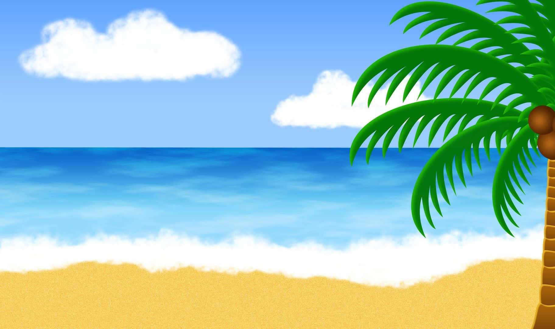 Beach Art 桌布 壁紙 — 一個充滿活力的卡通海灘場景，綠松石色的海浪拍打著金色沙灘，藍天白雲，還有一棵結著椰子的綠色棕櫚樹。