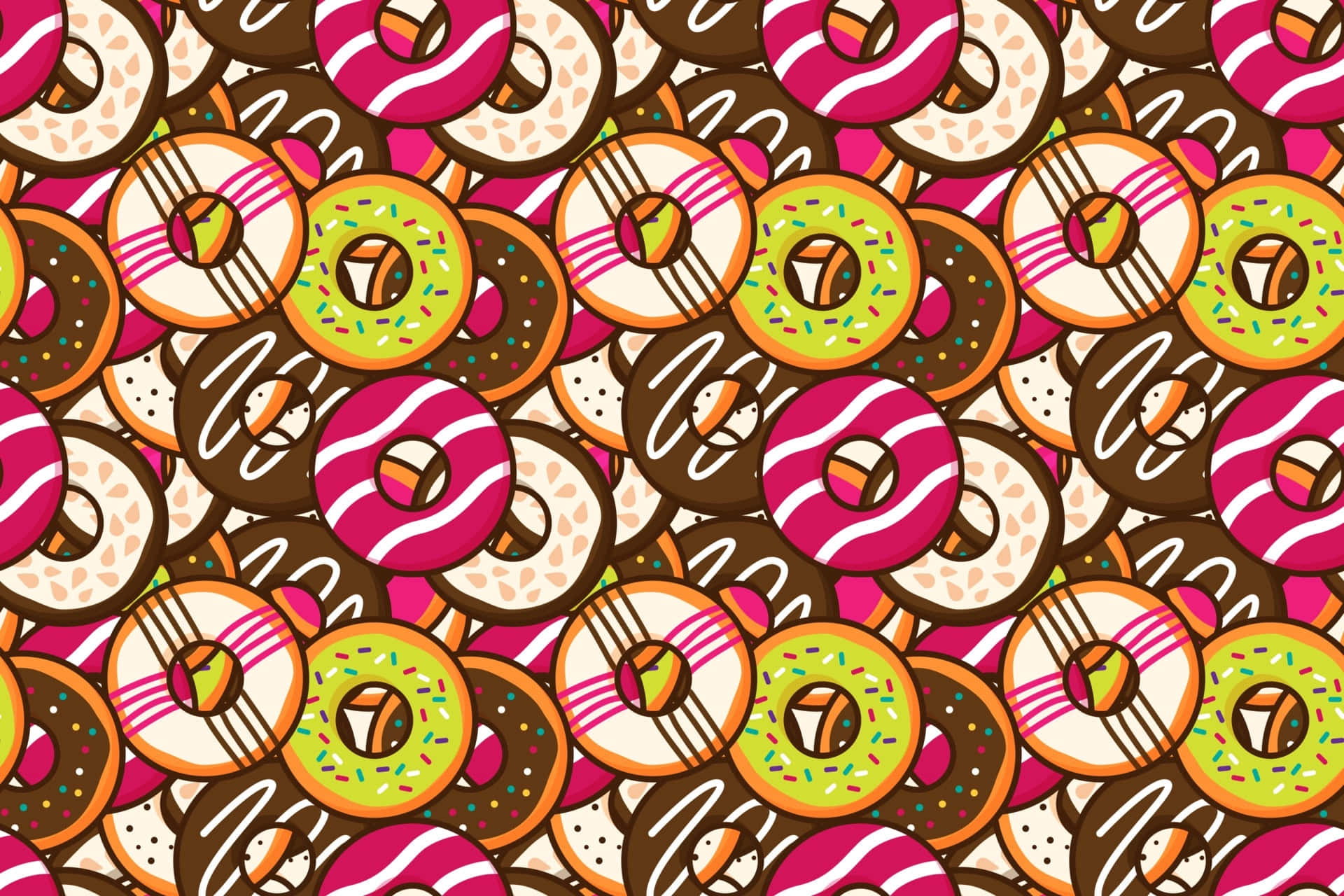 Cute Donut 桌布 壁紙 — 一個充滿活力的卡通甜甜圈圖案，帶有粉紅色條紋、糖霜和巧克力糖衣，以重複網格排列。