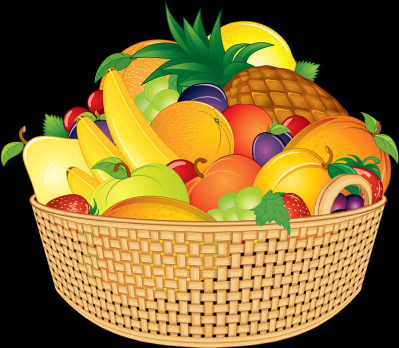 Fruit 桌布 壁紙 — 一個充滿活力的卡通籃子，裝滿了色彩繽紛的熱帶和溫帶水果，背景為黑色。