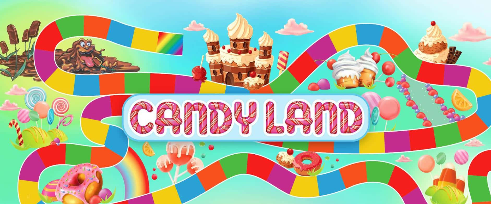Candyland 桌布 壁紙 — 一個充滿活力的卡通糖果樂園，有彩虹小徑、巧克力城堡和各種甜點，在粉彩天空下。