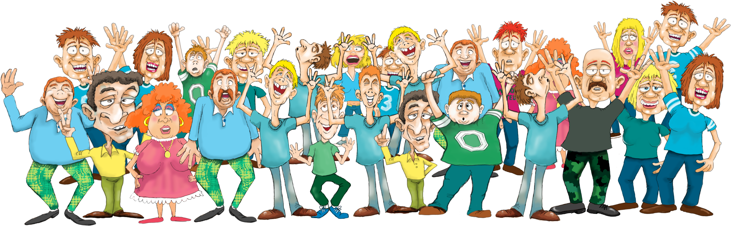 Clip Art 桌布 壁紙 — 一個充滿活力的卡通群體，包含多樣角色，表情誇張，舉起雙手，在黑色背景前充滿活力地擺姿勢。