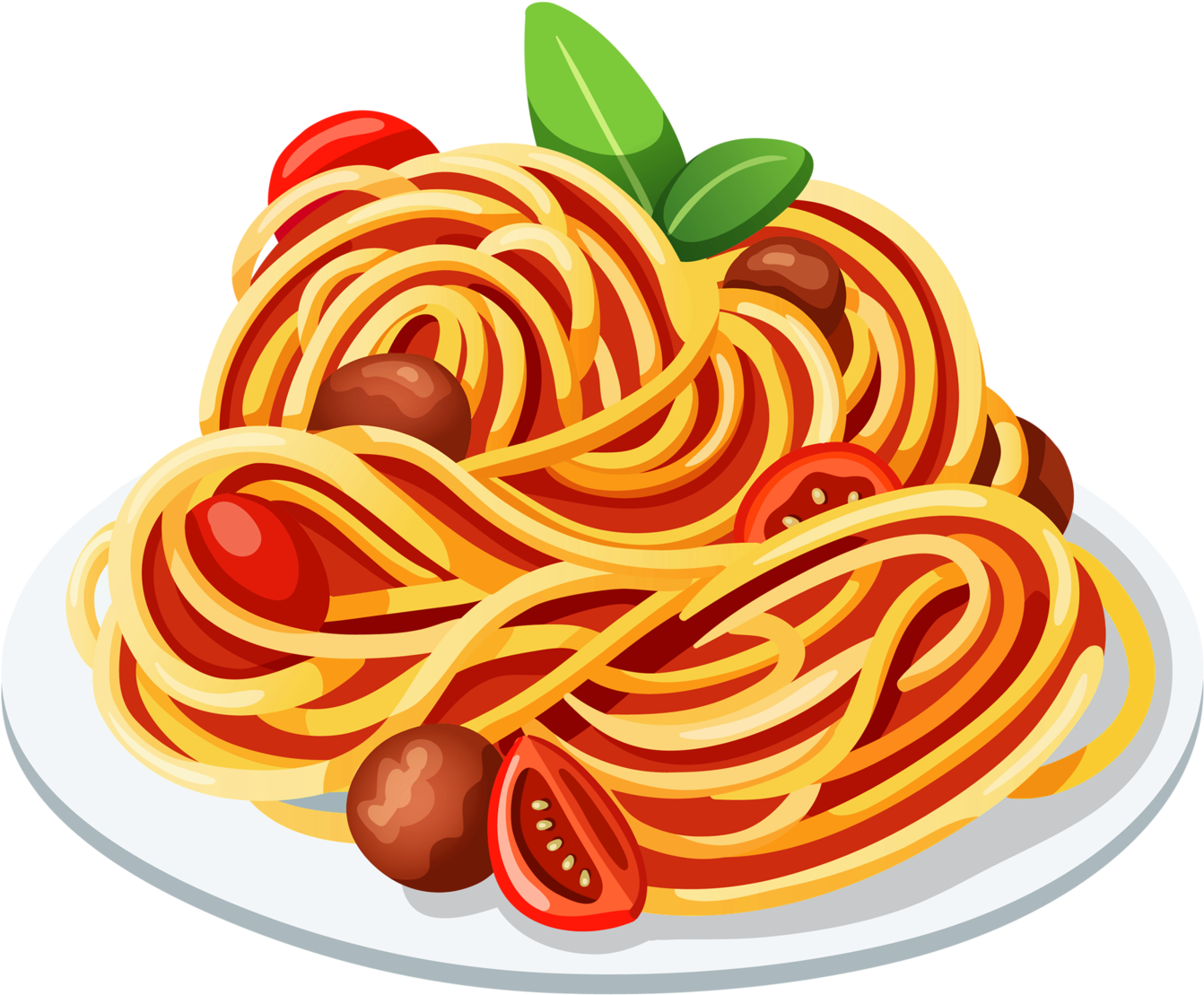 Pasta 桌布 壁紙 — 一個充滿活力的卡通義大利麵盤，配以番茄醬、櫻桃番茄和羅勒葉。