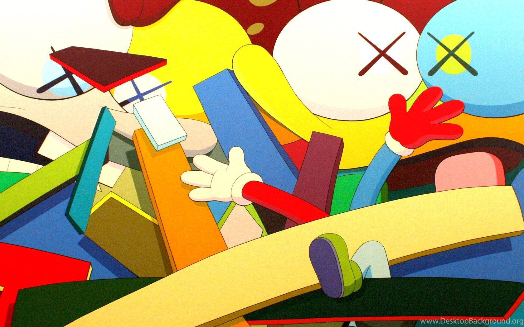 KAWS 桌布 壁紙 — 一個充滿活力的卡通角色，戴著紅色手套和藍色手臂，從一堆混亂的彩色幾何形狀和物體中出現。