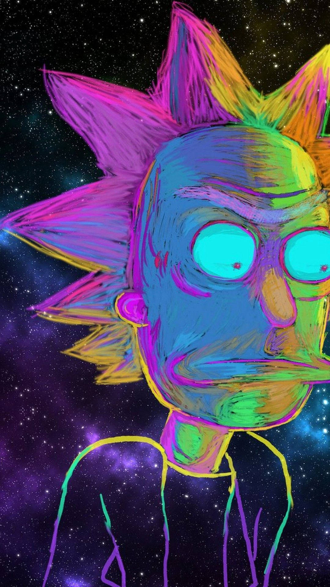 rick 桌布 壁紙 — 一個充滿活力的卡通角色，有著尖刺頭髮和發光的眼睛，站在星光燦爛的宇宙背景前。