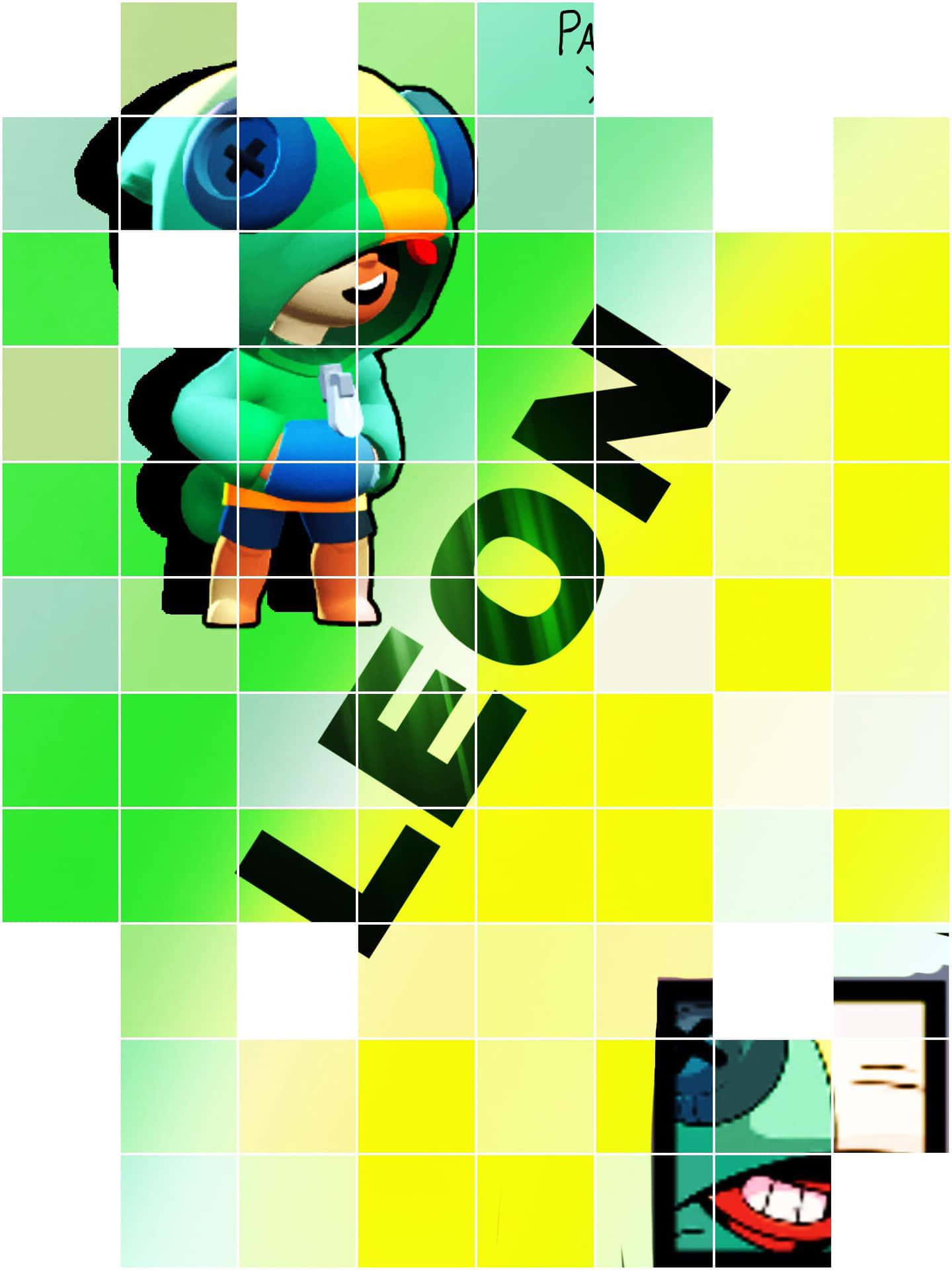 荒野亂鬥 桌布 壁紙 — 一個充滿活力的卡通角色名叫 Leon 站在綠色和黃色的像素網格上，並帶有粗體文字。