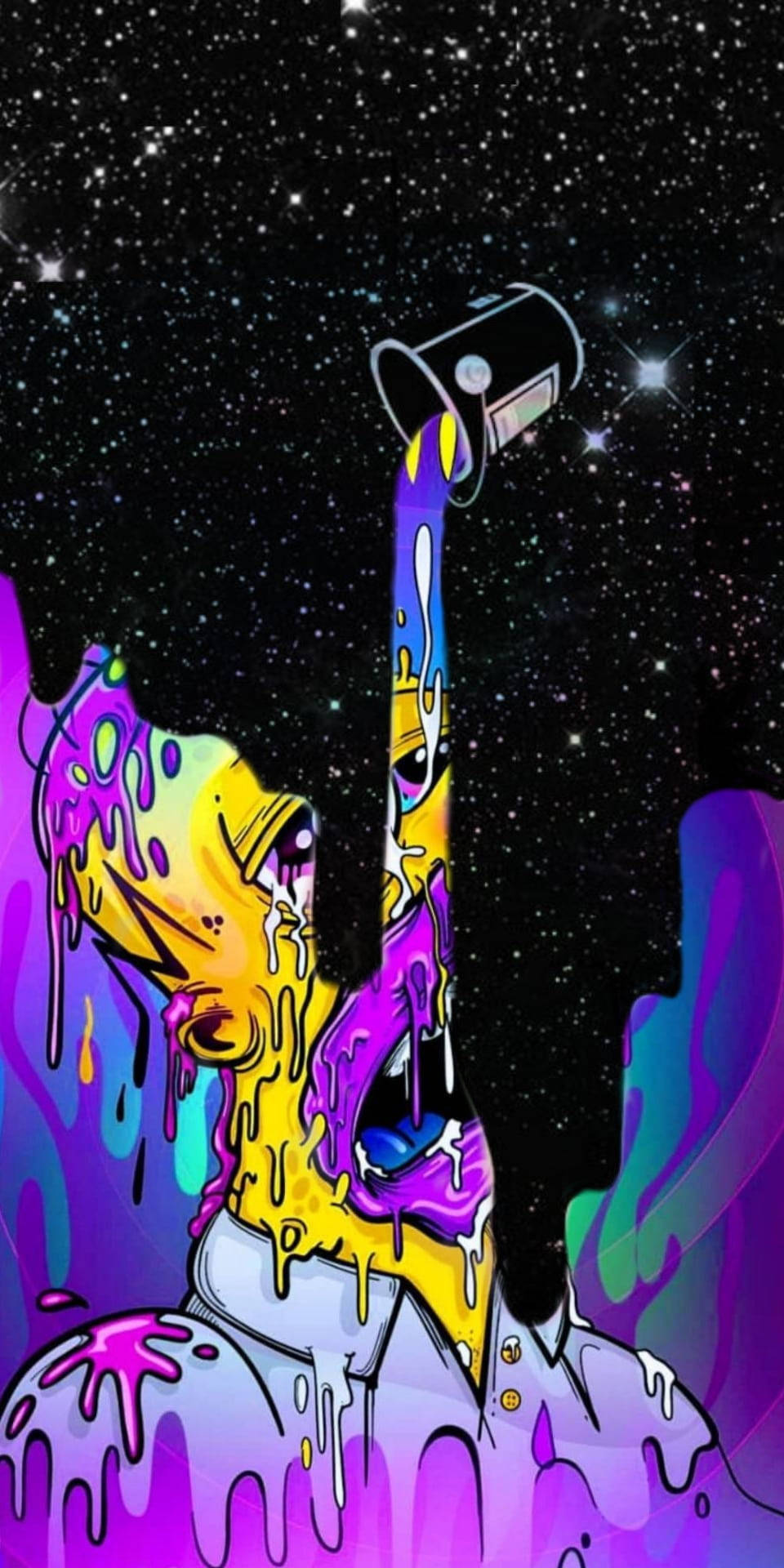 滴落感 桌布 壁紙 — 一個充滿活力的卡通角色在星空宇宙背景下滴落彩色顏料。