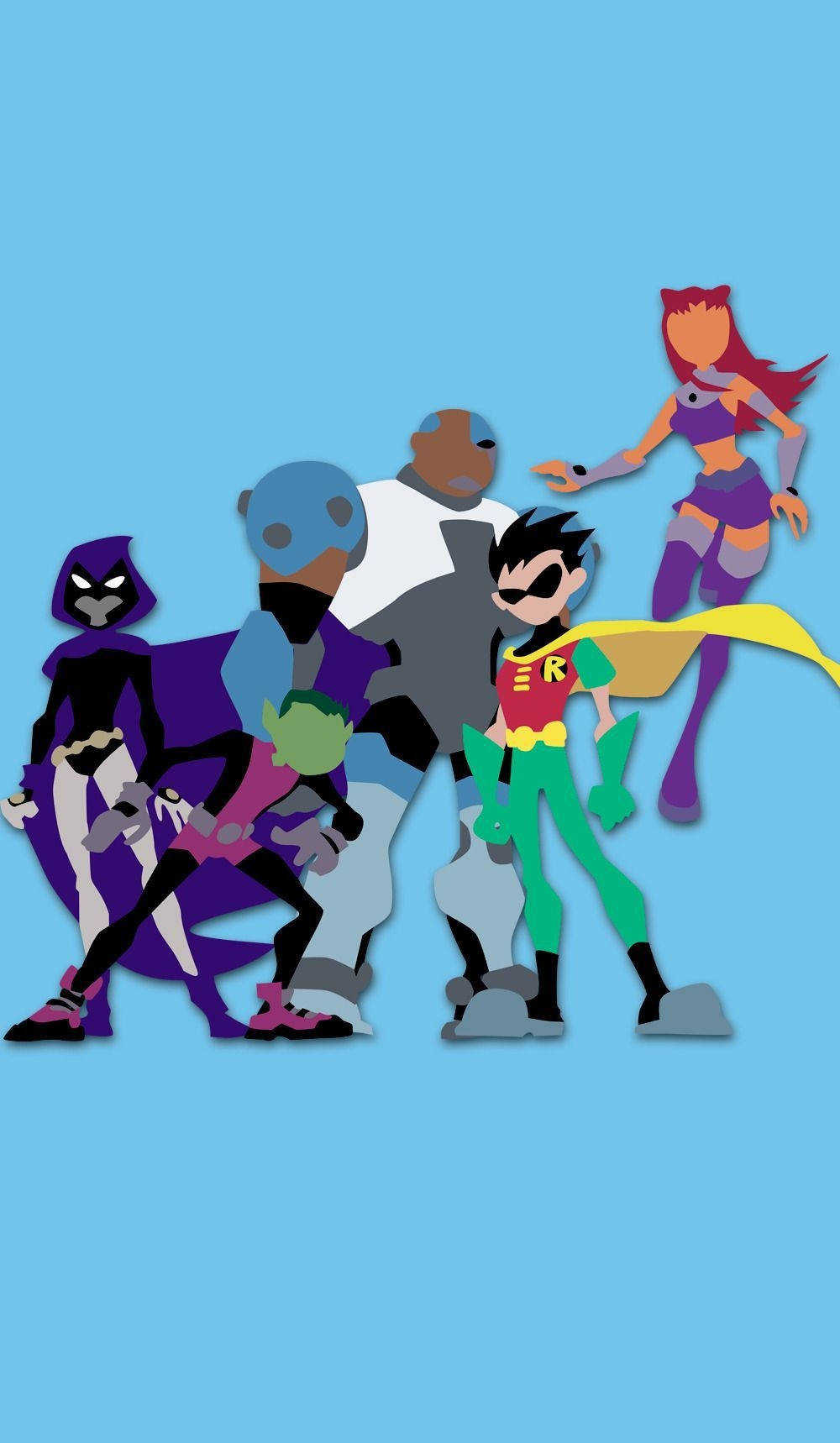 teen titans go 桌布 壁紙 — 一個充滿活力的卡通超級英雄團隊在純淺藍色背景上自信地擺姿勢。