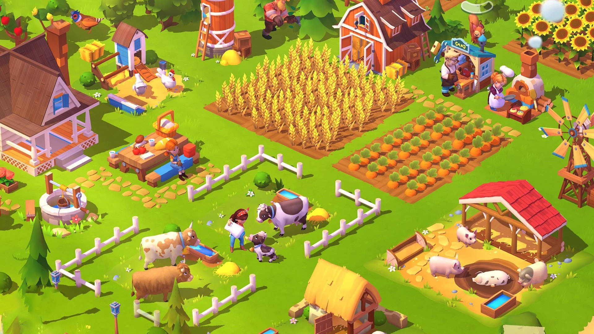 Farm 桌布 壁紙 — 一個充滿活力的卡通農場場景，有牛、豬、雞和農夫在晴朗的天空下照料農作物和穀倉。