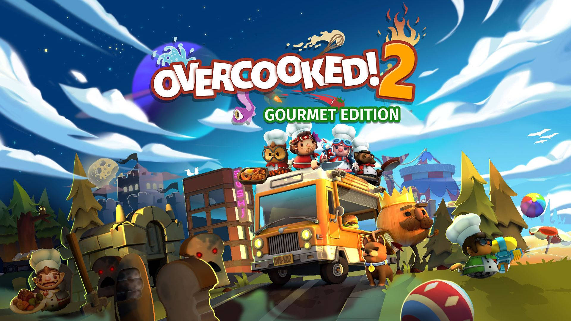 Overcooked 桌布 壁紙 — 一個充滿活力的卡通遊戲場景，廚師們駕駛著美食車穿越星夜下奇幻的風景。
