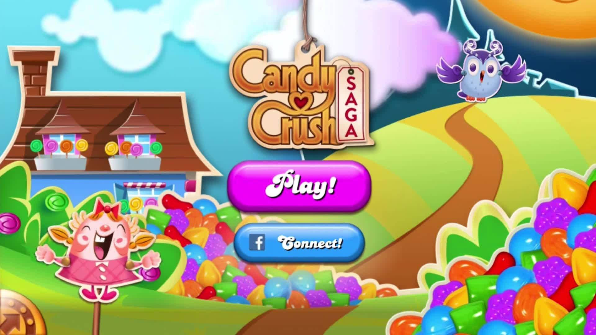 遊戲 桌布 壁紙 — 一個充滿活力的卡通遊戲標題畫面，用於 Candy Crush Saga，特色是一個開心的粉紅色角色、糖果主題房屋和色彩繽紛的甜點，在明亮的天空下。