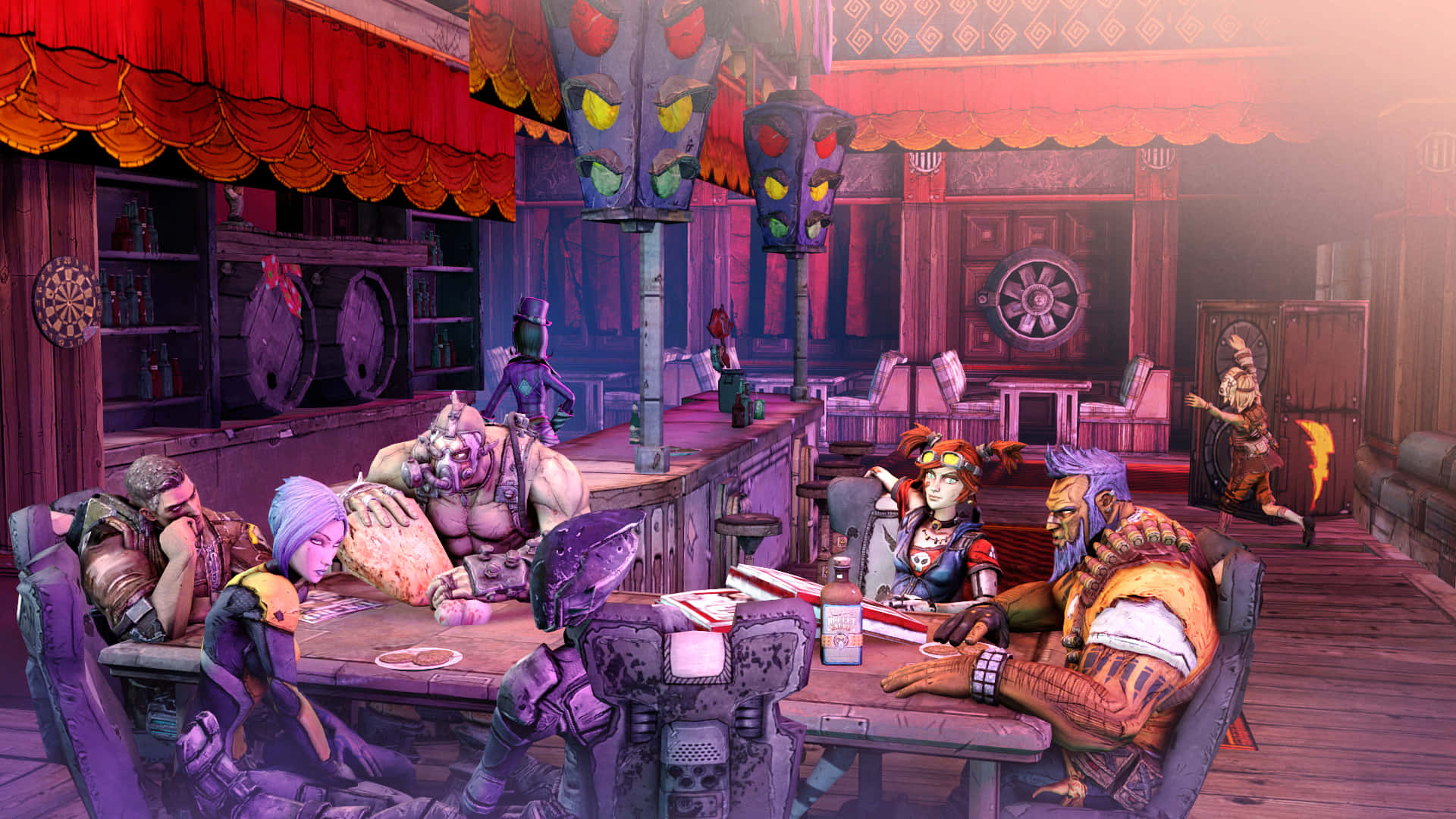 Borderlands 桌布 壁紙 — 一個充滿活力的卡通酒吧場景，各種外星顧客聚集在色彩繽紛的燈籠和紅色帷幕下的桌子旁。