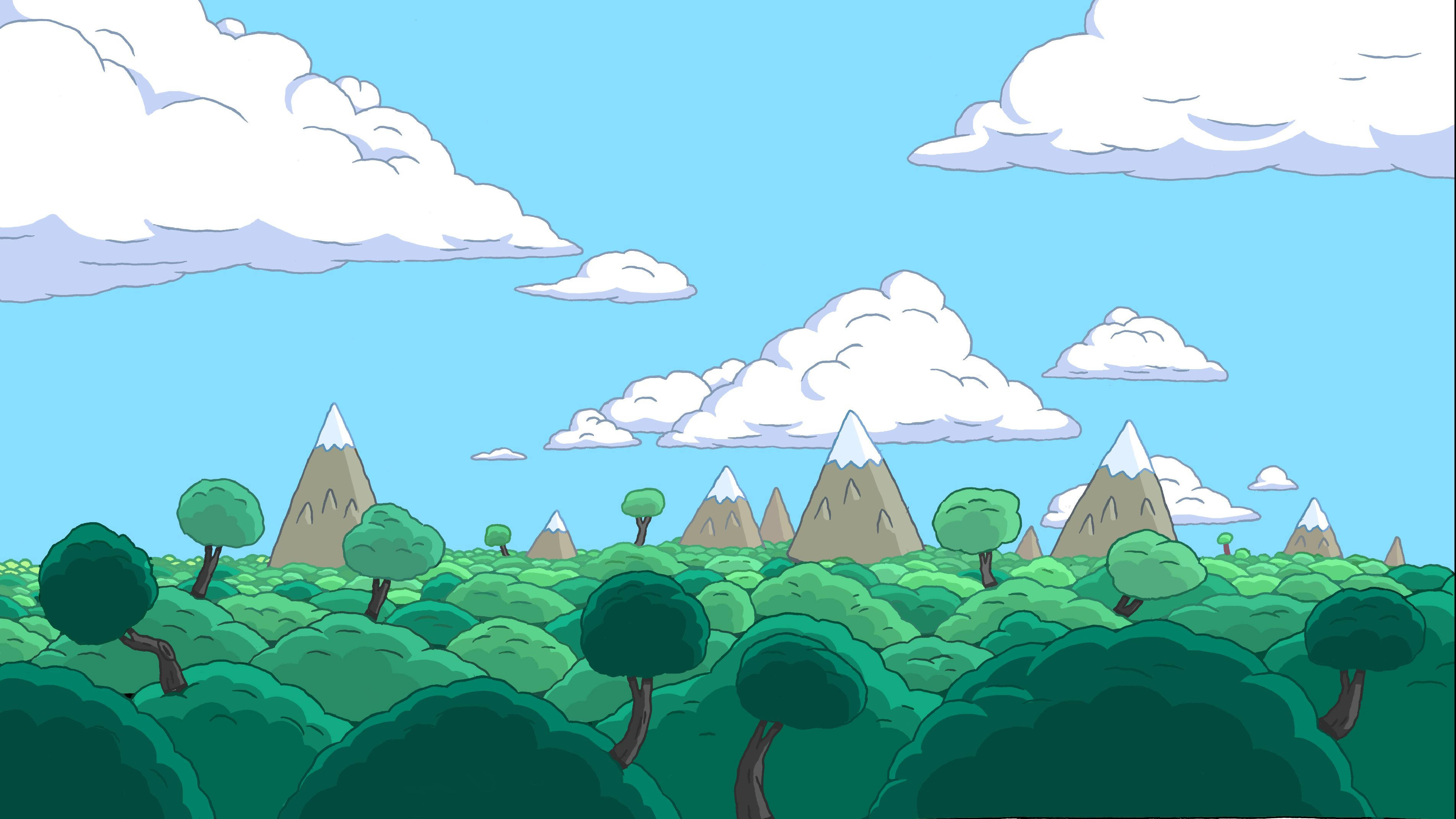 adventure 桌布 壁紙 — 一個充滿活力的卡通風景，有茂密的綠色樹木和白雪覆蓋的山脈，在明亮的藍天下有蓬鬆的白雲。