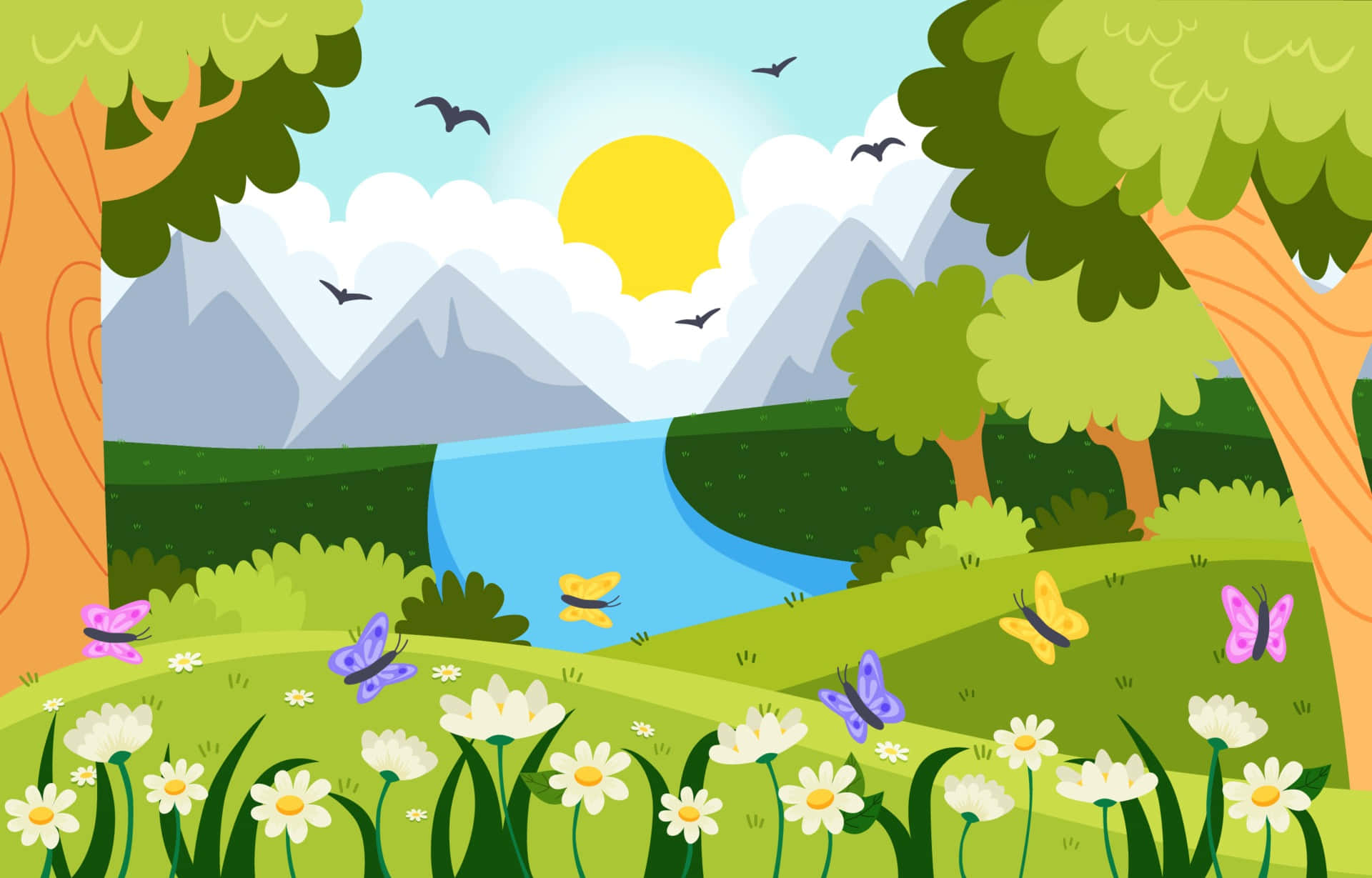 Spring Nature 桌布 壁紙 — 一個充滿活力的卡通風景，有蜿蜒的河流、山脈、樹木和蝴蝶，在陽光明媚的天空下。