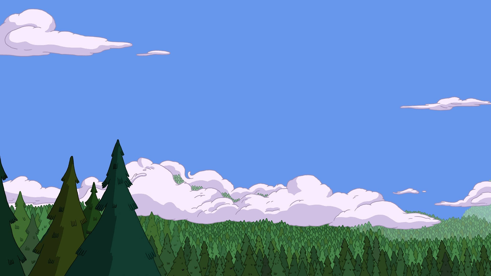 adventure 桌布 壁紙 — 一個充滿活力的卡通風景，茂密的綠色松樹林在晴朗的藍天下，點綴著蓬鬆的白雲。