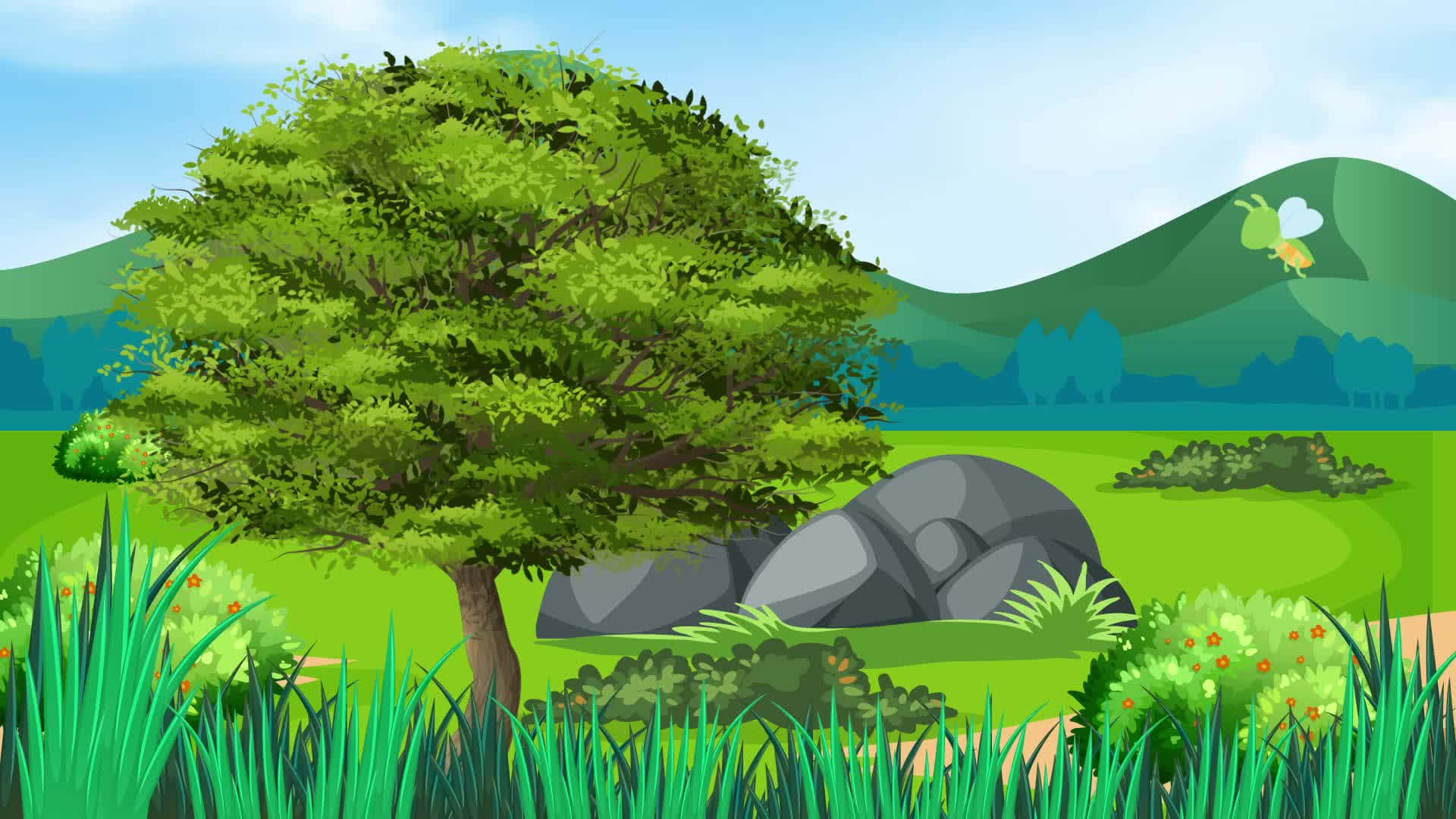 Cartoon Forest 桌布 壁紙 — 一個充滿活力的卡通風景，草地上有一棵大樹和一個大石頭，遠處有山丘和一個飛翔的仙女。