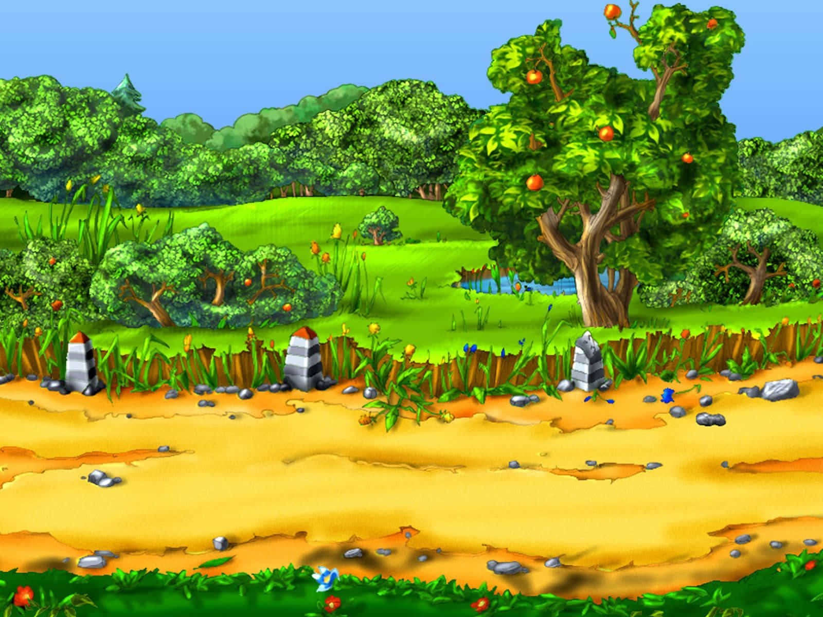 Cartoon Forest 桌布 壁紙 — 一個充滿活力的卡通風景，蜿蜒的泥土路穿過鬱鬱蔥蔥的綠色山丘，點綴著果樹和條紋石標，在晴朗的藍天下。
