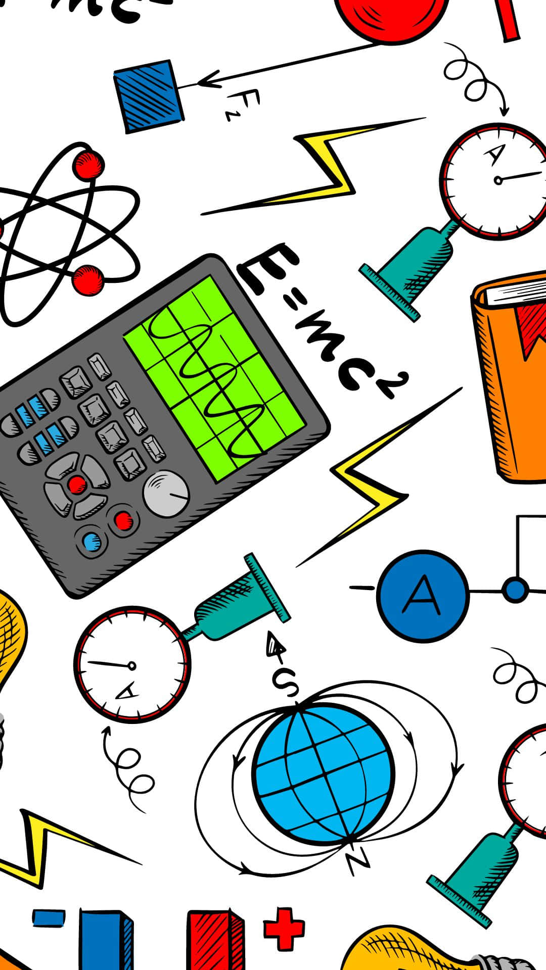 Physics 桌布 壁紙 — 一個充滿活力的卡通風格圖案，包含E=MC2、計算機、原子和閃電等科學符號，背景為白色。