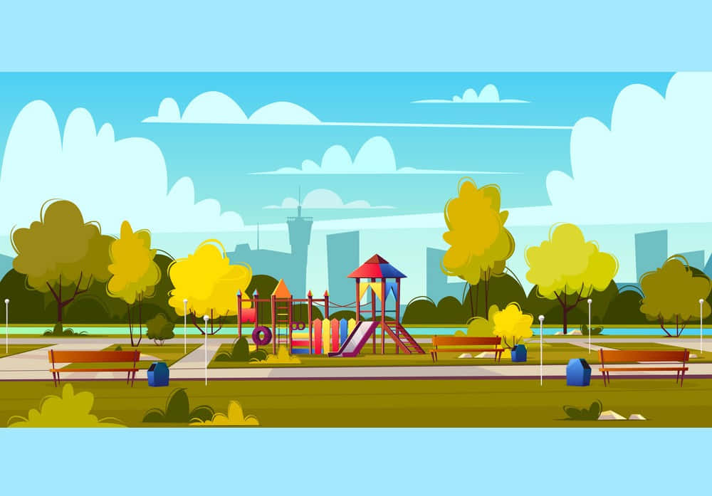 Cartoon Park 桌布 壁紙 — 一個充滿活力的卡通風格城市公園，設有色彩繽紛的遊樂場，周圍環繞著秋天的樹木和長椅，在晴朗的藍天下。