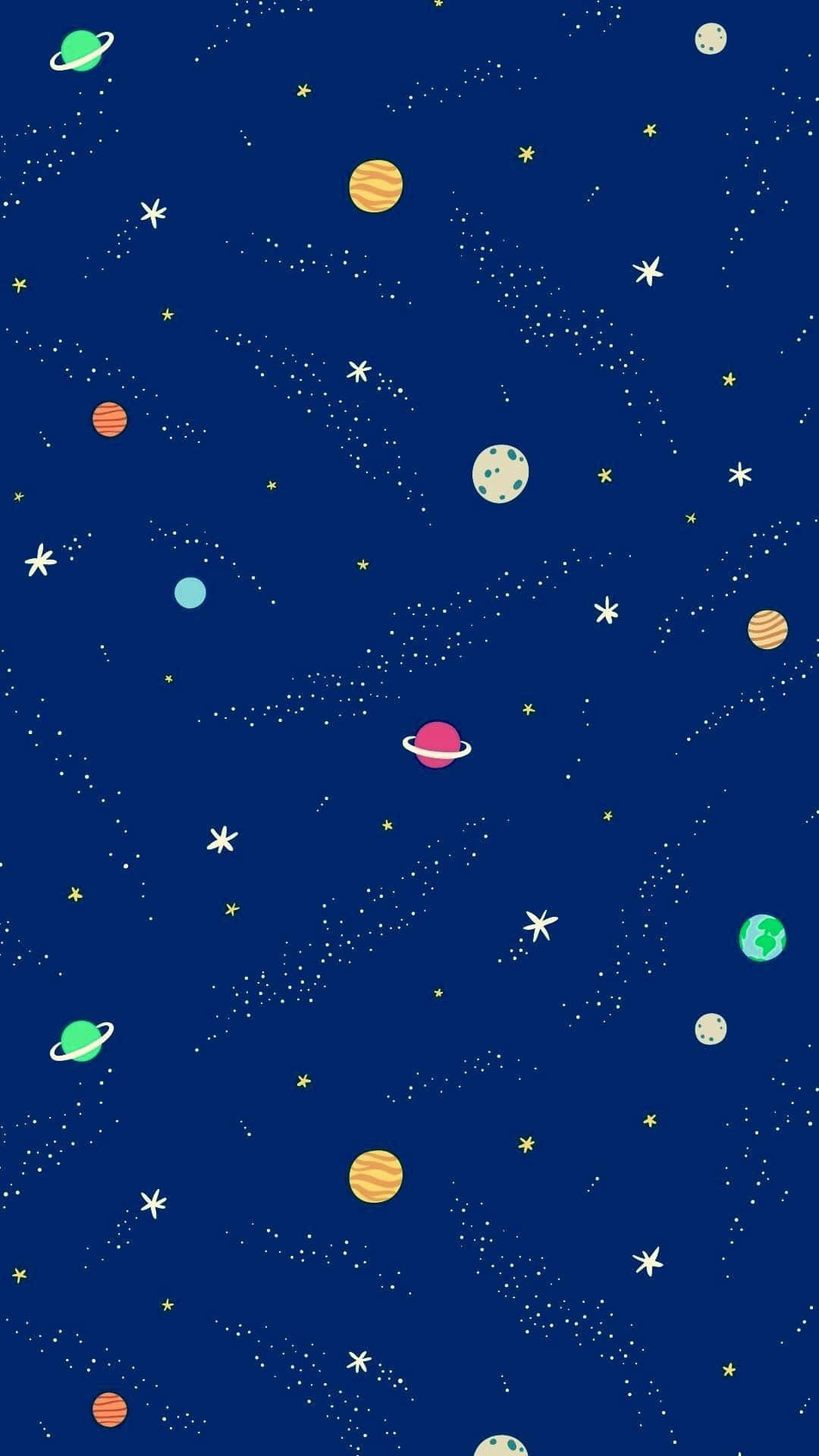 桌布 壁紙 — 一個充滿活力的卡通風格太空場景，色彩繽紛的行星、星星和流星散落在深藍色的宇宙背景上。