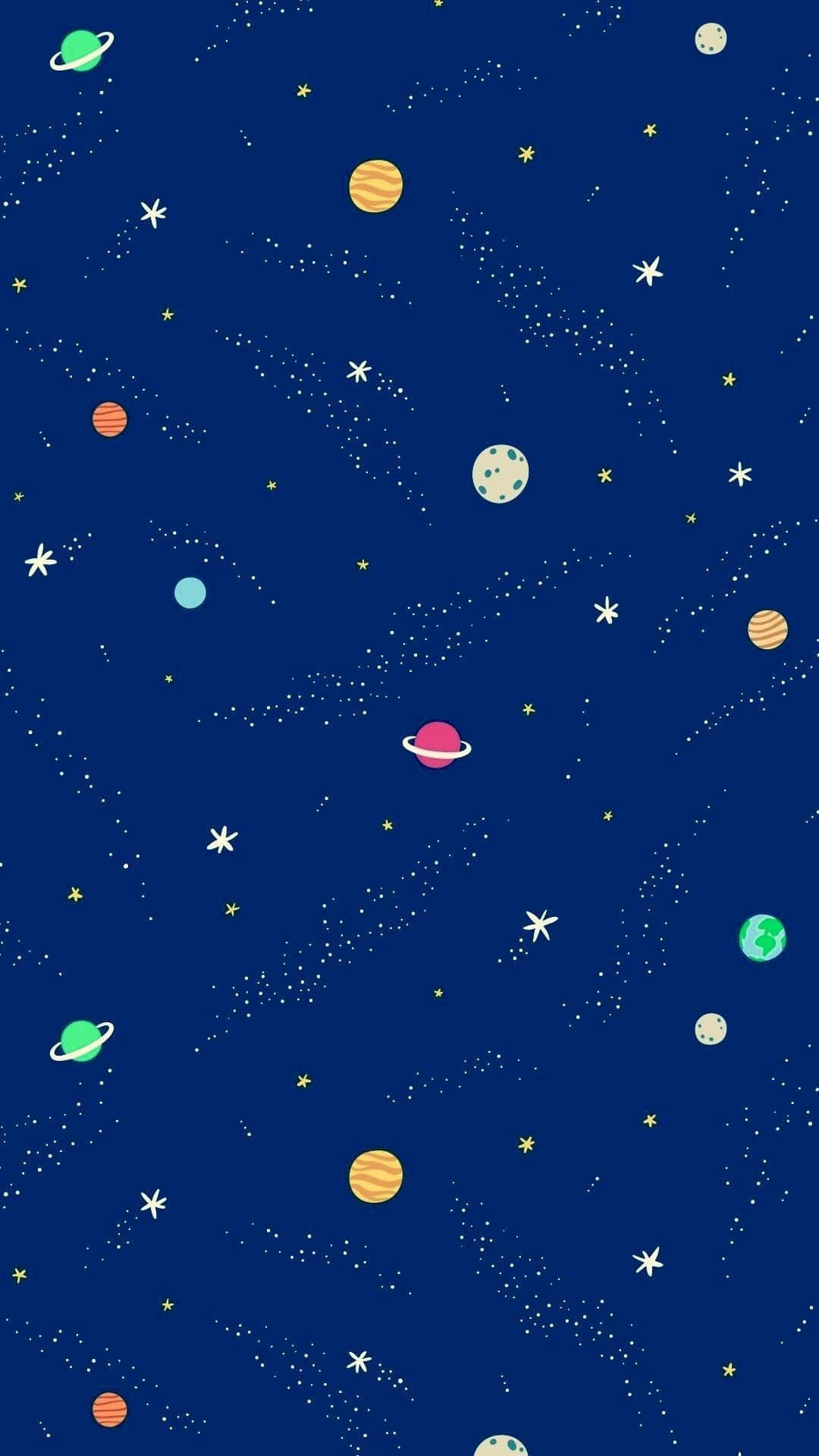 Sparkle Aesthetic 桌布 壁紙 — 一個充滿活力的卡通風格太空場景，色彩繽紛的行星、星星和流星在深藍色的宇宙背景下。