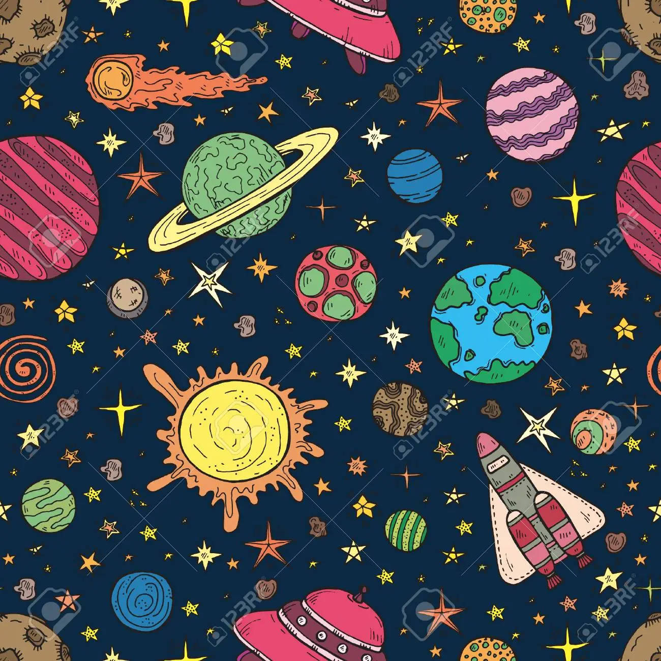 圖案 桌布 壁紙 — 一個充滿活力的卡通風格太空場景，行星、火箭、星星和UFO漂浮在深藍色背景上。