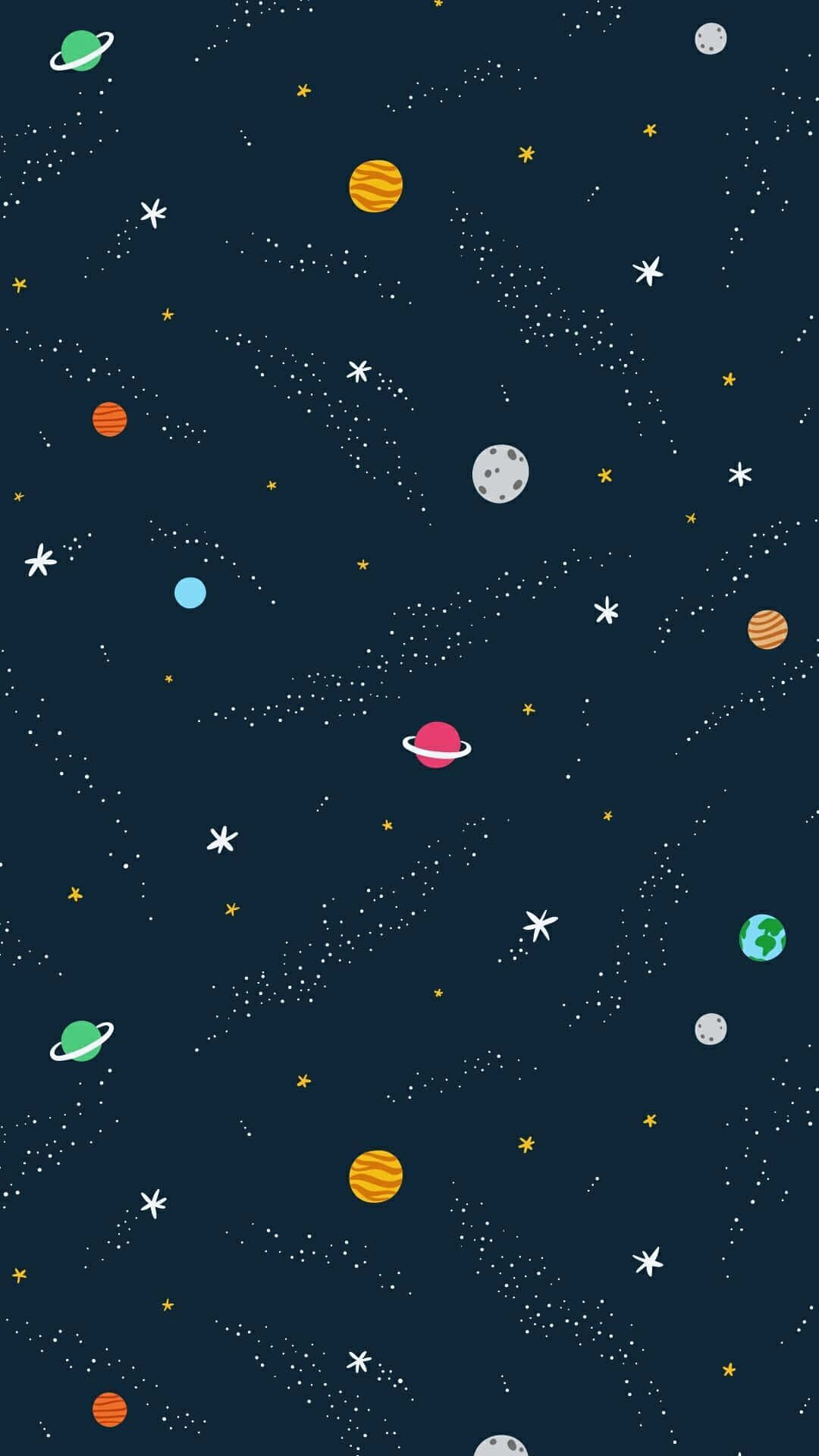 Cute Space 桌布 壁紙 — 一個充滿活力的卡通風格太空場景，色彩繽紛的行星、星星和流星，背景是深海軍藍色。