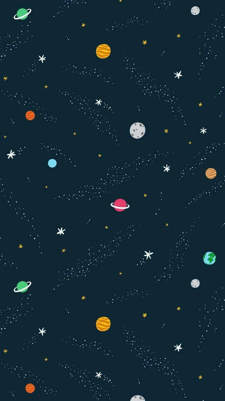桌布 壁紙 — 一個充滿活力的卡通風格太空場景，色彩繽紛的行星、星星和宇宙塵埃，背景是深海軍藍色。