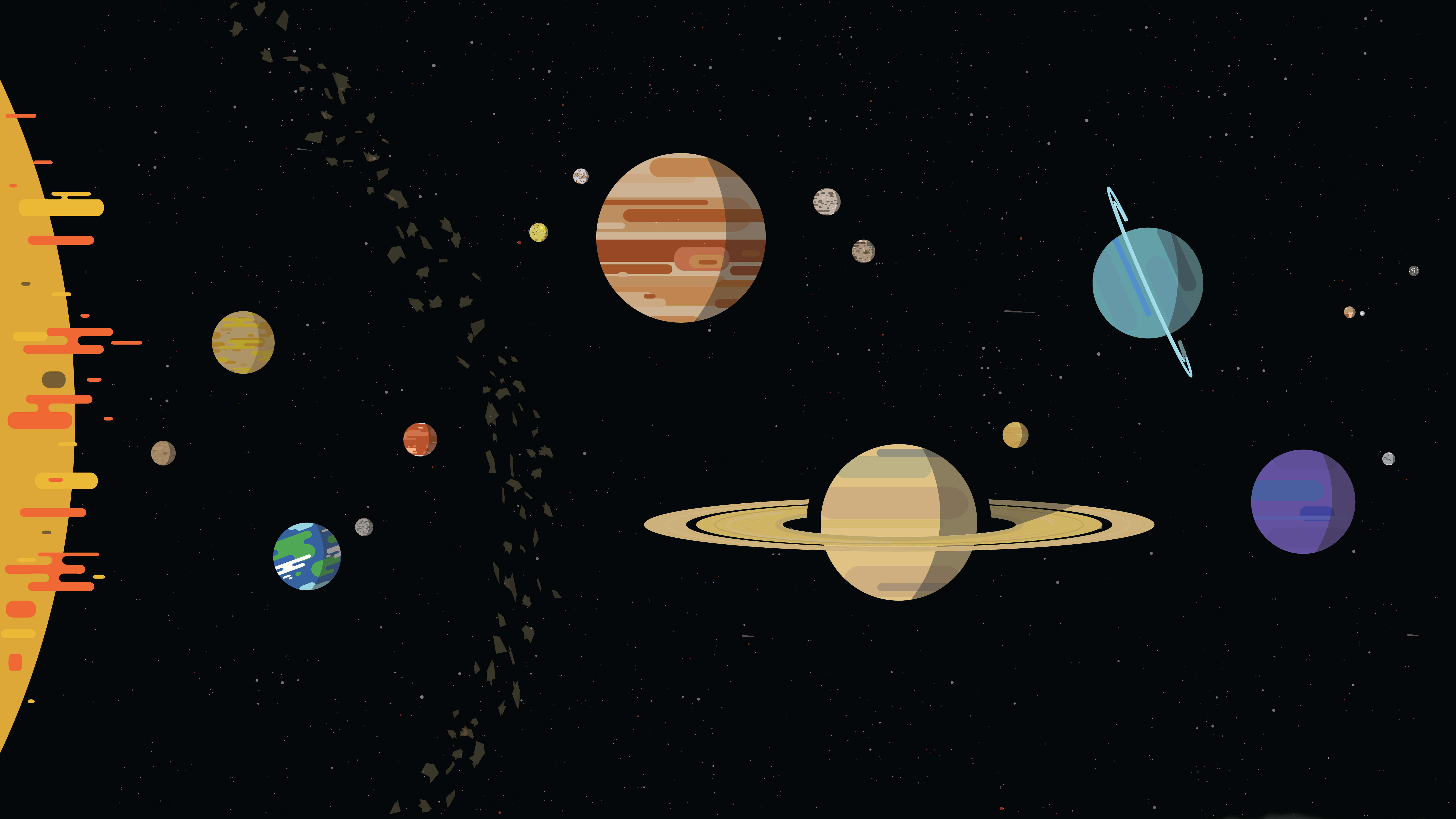 藝術 桌布 壁紙 — 一個充滿活力的卡通風格太陽系，土星和木星等行星在星光閃爍的黑色背景上漂浮。