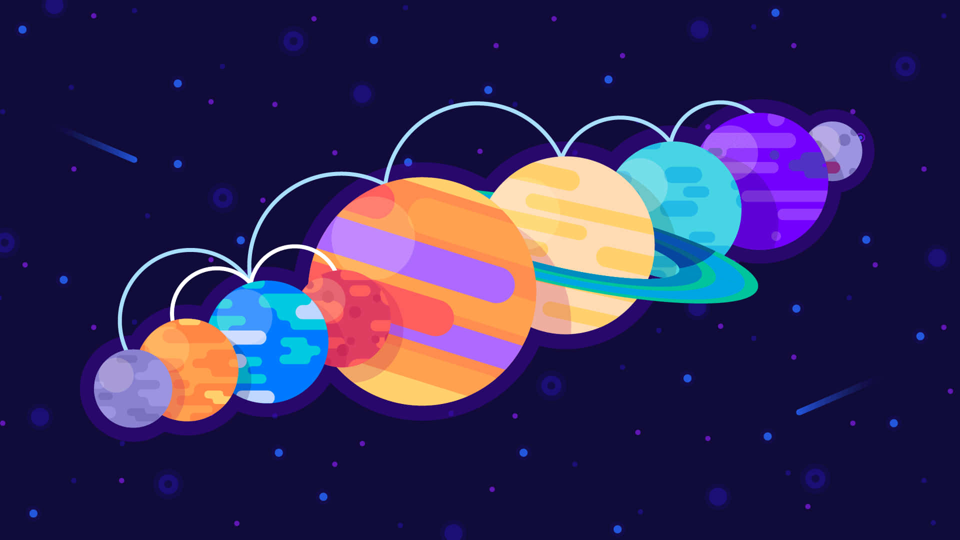 Animated 桌布 壁紙 — 一個充滿活力的卡通風格太陽系，色彩繽紛的行星和環繞著星空的軌道。