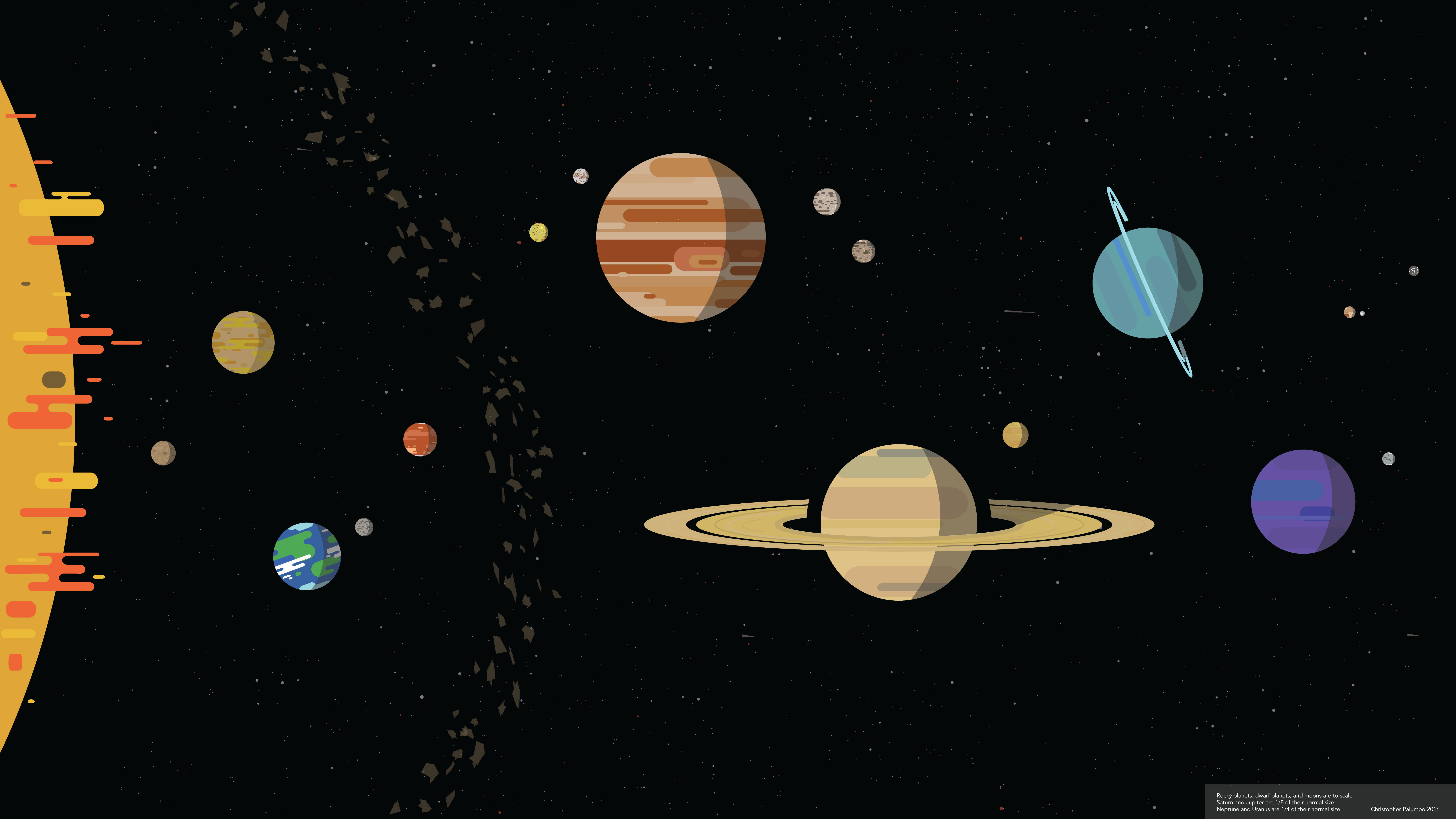 太陽系 桌布 壁紙 — 一個充滿活力的卡通風格太陽系，行星如土星和木星漂浮在繁星點點的黑色背景上。