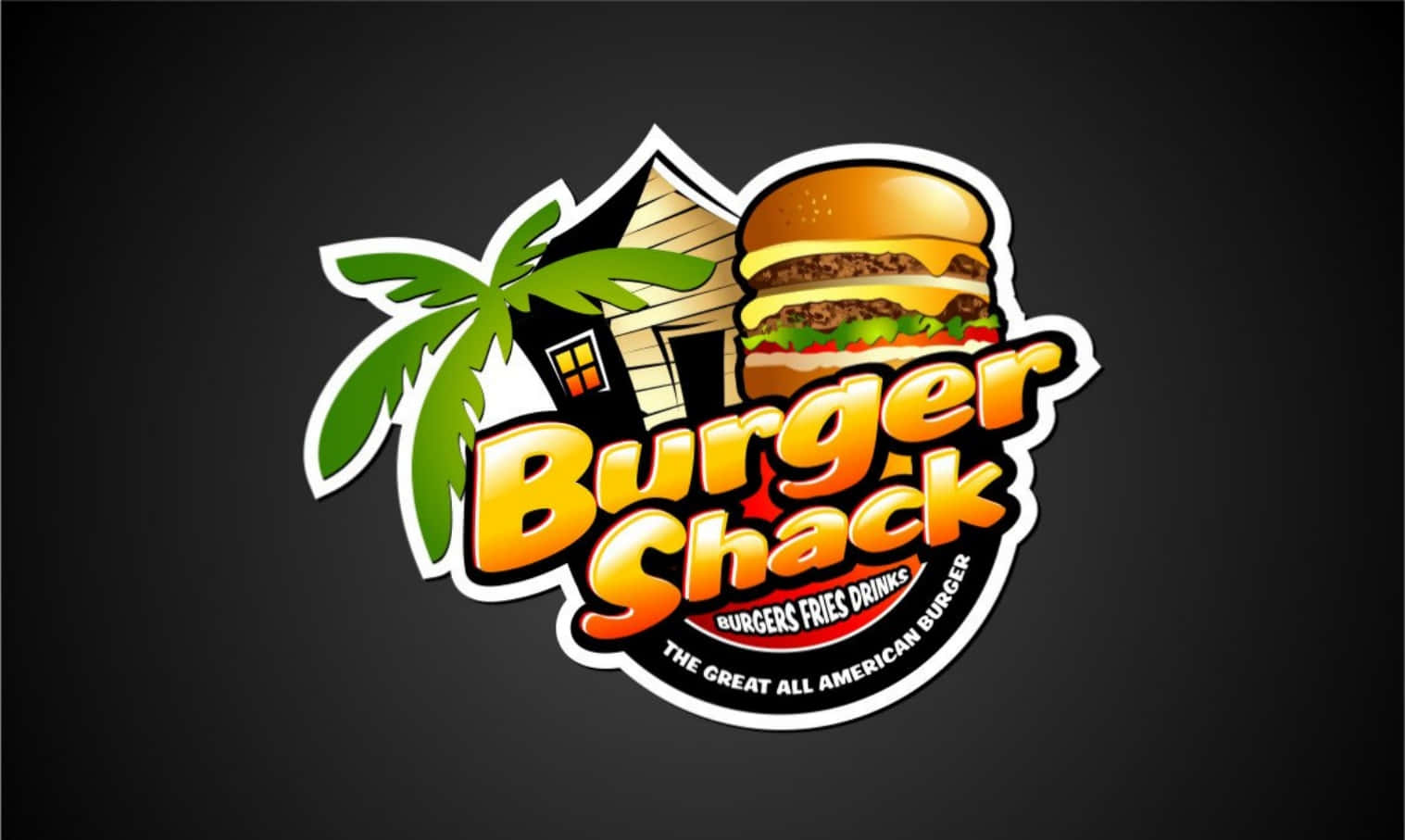 標誌 桌布 壁紙 — 一個充滿活力的卡通風格標誌，為Burger Shack設計，以多汁漢堡、棕櫚樹和小屋為特色，背景為深色。