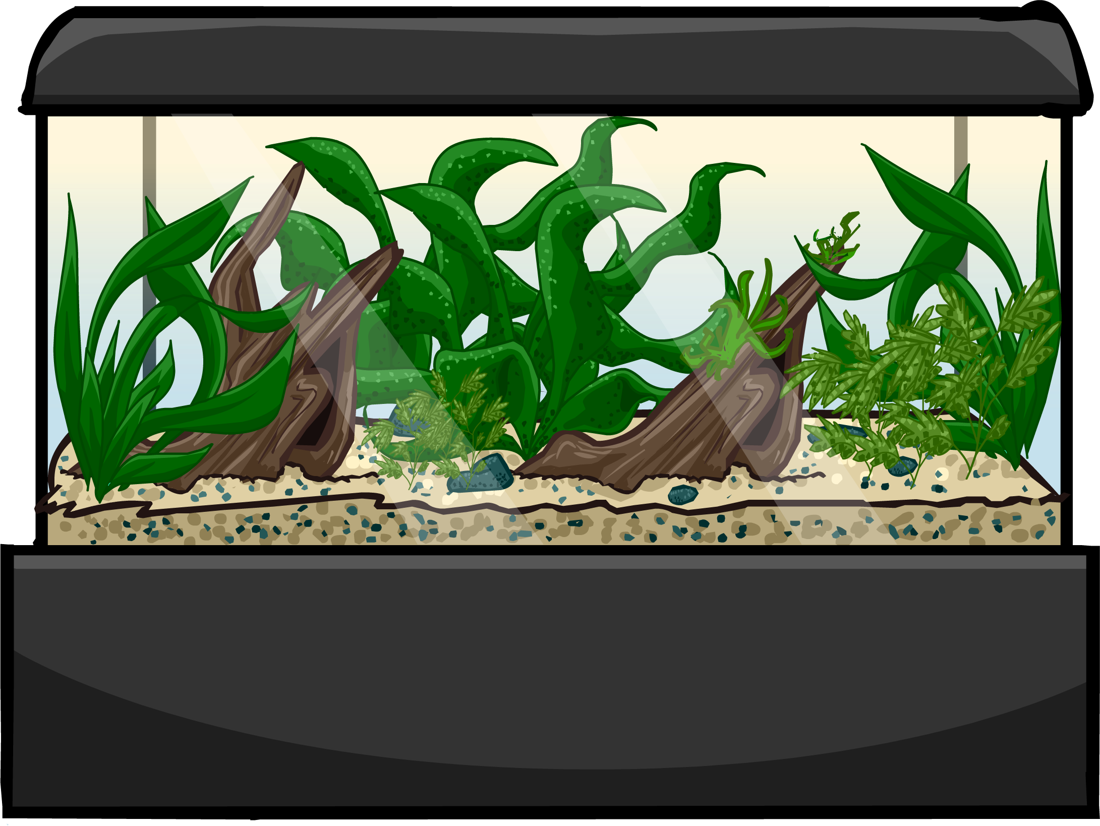 水族箱 桌布 壁紙 — 一個充滿活力的卡通風格水族箱，沙床上佈滿茂盛的綠色植物和浮木。