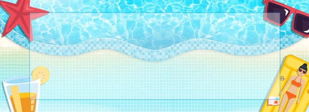 Swimming Pool 桌布 壁紙 — 一個充滿活力的卡通風格池畔場景，有一個女人躺在浮床上、紅色海星、太陽眼鏡和一杯熱帶飲品。