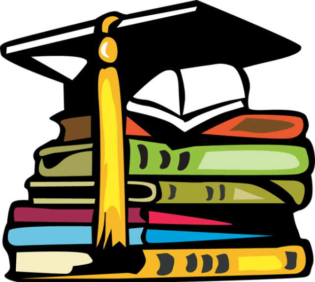 Stack Of Books 桌布 壁紙 — 一個充滿活力的卡通風格畢業帽，帶有黃色流蘇，放在一堆色彩繽紛的書本上，背景為黑色。